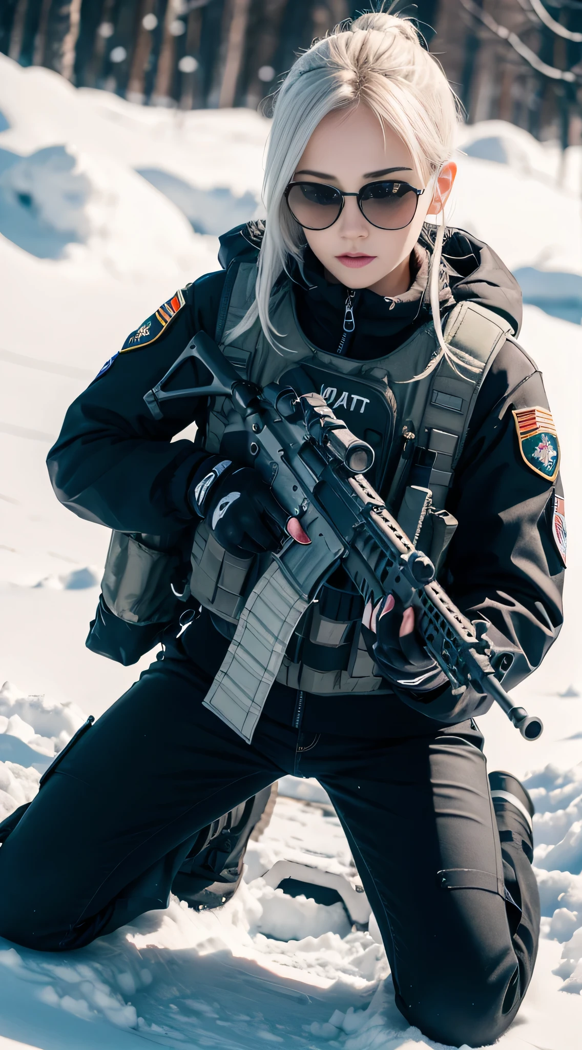 ((Best quality)), (Masterpiece), Photorealistic, Photorealism, 1 girl kneeling and aiming with an AK-47 assault rifle, Photorealistic, high resolution,Snow background, looking to the camera, (Detailed face), White hair, SWAT vests, Gun, jewelry，Black gloves, sunglasses on head, Fingers are occluded, medium breast