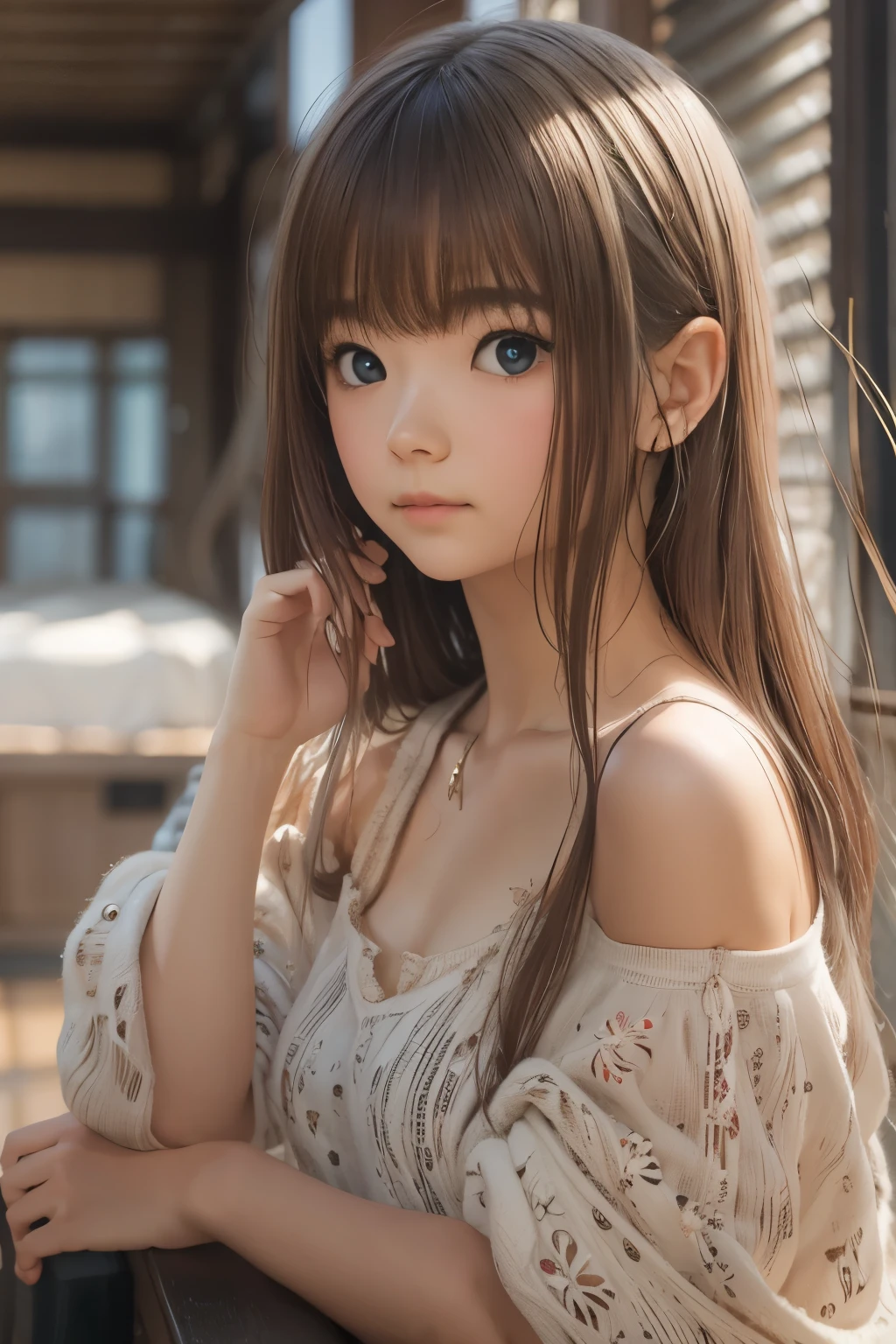 ((sfw: 1.4)), (detailed face), Ultra High Resolution, (Realistic: 1.4), RAW Photo, Best Quality, (Photorealistic), Focus, Soft Light, ((15 years old)), ((Japanese)), (Front, Young Face))), (Depth of Field), (One Piece), Masterpiece, (Photoreal), Woman, Bangs, (( off-the-shoulder top, Bedroom, 1 Girl))