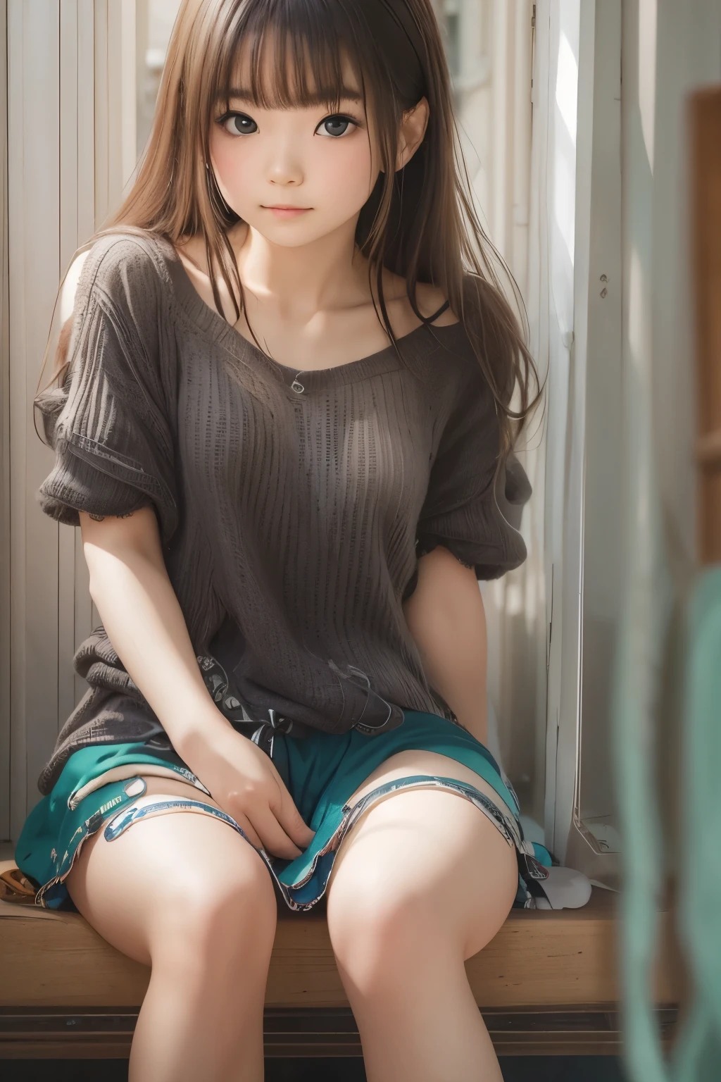 ((sfw: 1.4)), (detailed face), Ultra High Resolution, (Realistic: 1.4), RAW Photo, Best Quality, (Photorealistic), Focus, Soft Light, (()), ((Japanese)), (Front, Young Face))), (Depth of Field), (One Piece), Masterpiece, (Photoreal), Woman, Bangs, (( off-the-shoulder top, Bedroom, 1 Girl))