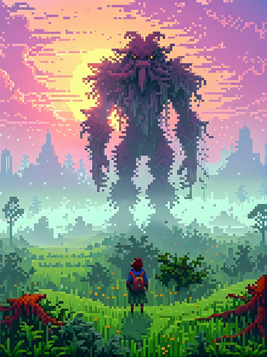 (pixel art:1.5),foggy field, trees, ((giant creature1.5)), ((enveloped by fog:1.5)), horizon, unclear shape, towering, city skyline, small humans, mystery, awe, natural landscape, fantastical, eerie, captivating, dawn, dusk, mystical quality, vastness, minuteness, known world, unknown, nature, civilization, subdued colors, ethereal, silhouette, soft light, sky, photo real, Shot on a 50mm lens, classic composition, masterpiece, exquisite, color correction, amazing visual effects, crazy details, intricate details, sharp focus, super high effect,(UHD, masterpiece, ccurate, anatomically correct, textured skin, high details, high quality, award winning, 8k), ((super high saturation, extremely bright and bright colors),whole body,ultra wide angle lens,