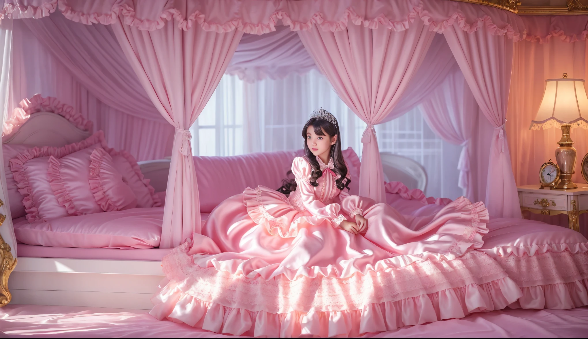 ,highest quality, masterpiece, highest resolution, artwork, super それにget used to it, many get used to it, get used to it, それにget used to it, 3K realistic photos,,((10 year old s)),Super detailed baby face,both are princesses,detailed luxury tiara,Full length ball gown dress with hoop skirt,ruffle yoke collar,Detailed braided ribbon at chest,puff sleeves,long sleeve,((lolita stylt pink princess satin dress、Comes with lots of frills and ribbons。)),crazy'colorful fashion,shiny silk satin dress,soft and smooth silk satin fabric,luxury,Very long blonde hair,blue eyes,white skin european,pajamas,((inside the palace)),Princess dancing happily,gorgeous flowing dress,fine white frills and lace,Super long hair that is as tall as your body,white long socks,drawers with lots of frills,castle bedroom at night,Super long flowing hair,on the bed,豪華な天蓋付きon the bed,巨大な広いon the bed,Pink pillow with lots of frills,Silk satin pink curtains with luxurious ruffles and ribbons surround the bed,princess sitting on bed,Pillows piled up behind the princess,Long hair scattered like a fan on the bed,(((Both legs are completely hidden inside the dress))),((((round futon)))),((((A large futon with frills that covers the entire bed)))),detailed comforter,Detailed bed sheets,