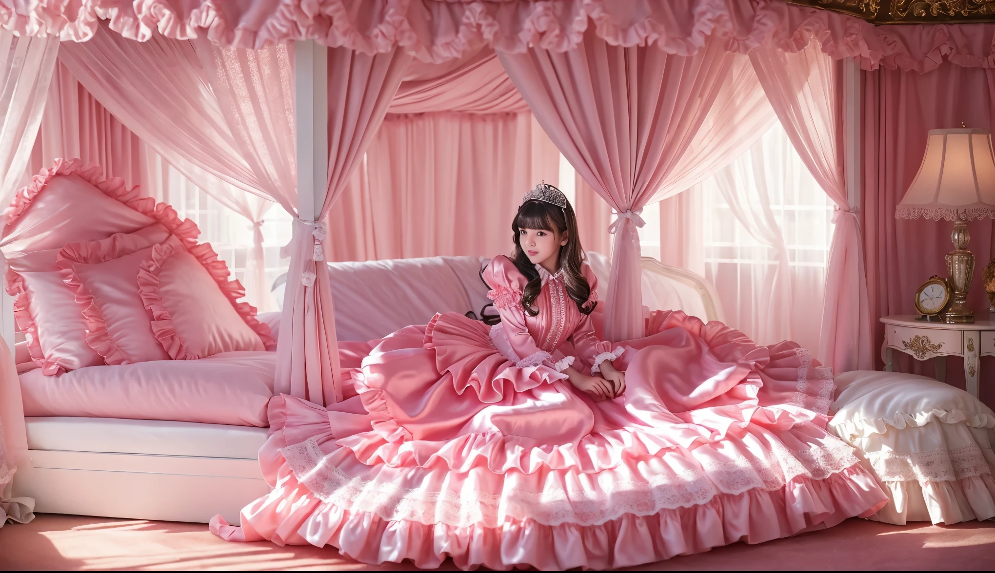 ,highest quality, masterpiece, highest resolution, artwork, super それにget used to it, many get used to it, get used to it, それにget used to it, 3K realistic photos,,(( girls)),Super detailed baby face,both arees,detailed luxury tiara,Full length ball gown dress with hoop skirt,ruffle yoke collar,Detailed braided ribbon at chest,puff sleeves,long sleeve,((lolita style hot pink princess satin dress、Comes with lots of frills and ribbons。)),crazy'colorful fashion,shiny silk satin dress,soft and smooth silk satin fabric,luxury,Very long blonde hair,blue eyes,white skin european,pajamas,((inside the palace)),Princess dancing happily,gorgeous flowing dress,fine white frills and lace,Super long hair that is as tall as your body,white long socks,drawers with lots of frills,castle bedroom at night,Super long flowing hair,on the bed,豪華な天蓋付きon the bed,巨大な広いon the bed,Pink pillow with lots of frills,Silk satin pink curtains with luxurious ruffles and ribbons surround the bed,princess sitting on bed,Pillows piled up behind the princess,Long hair scattered like a fan on the bed,(((Both legs are completely hidden inside the dress))),((((round futon)))),((((A large futon with frills that covers the entire bed)))),detailed comforter,Detailed bed sheets,