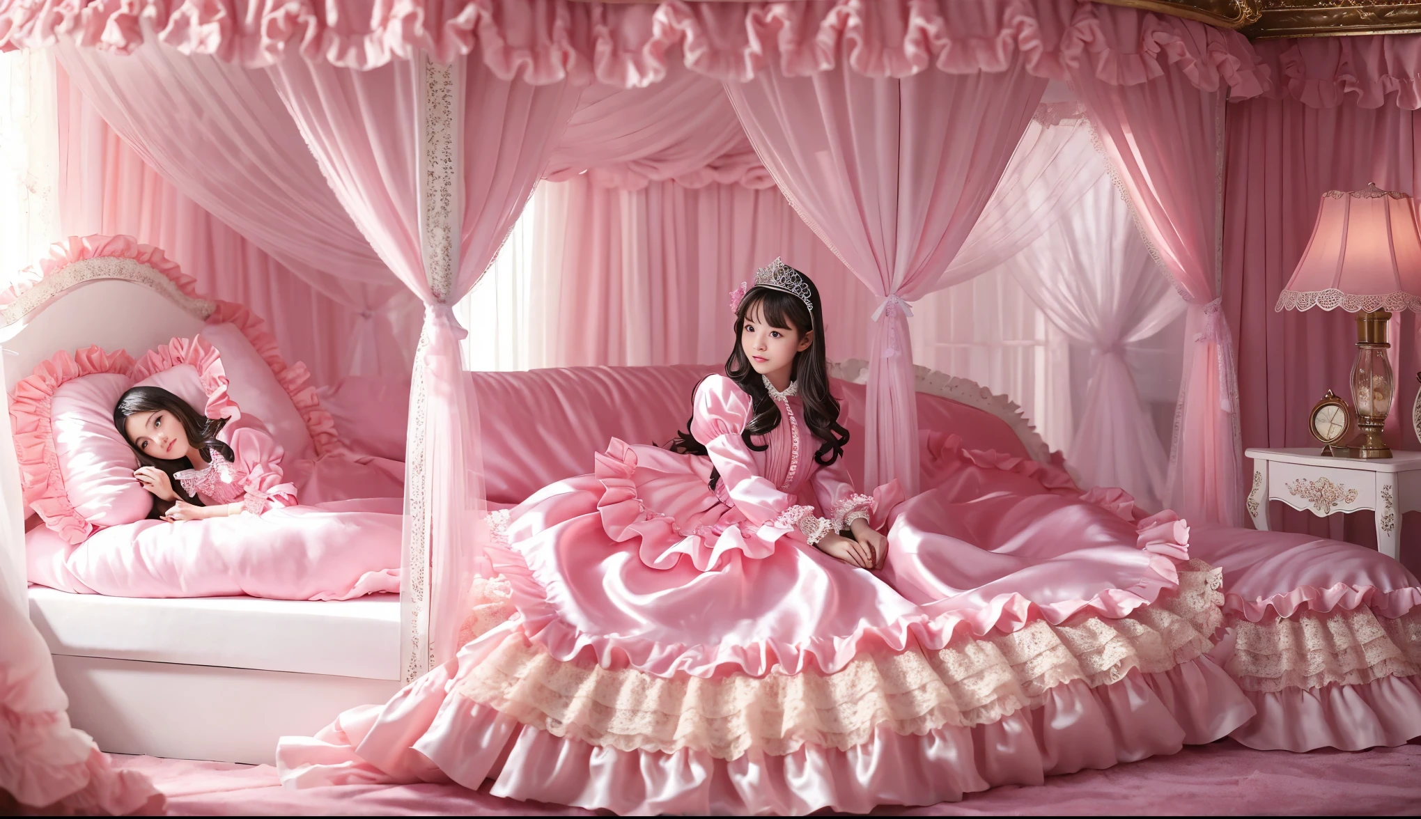 ,highest quality, masterpiece, highest resolution, artwork, super それにget used to it, many get used to it, get used to it, それにget used to it, 3K realistic photos,,((10 year old little girls)),Super detailed baby face,both are princesses,detailed luxury tiara,Full length ball gown dress with hoop skirt,ruffle yoke collar,Detailed braided ribbon at chest,puff sleeves,long sleeve,((lolita style hot pink princess satin dress、Comes with lots of frills and ribbons。)),crazy'colorful fashion,shiny silk satin dress,soft and smooth silk satin fabric,luxury,Very long blonde hair,blue eyes,white skin european,pajamas,((inside the palace)),Princess dancing happily,gorgeous flowing dress,fine white frills and lace,Super long hair that is as tall as your body,white long socks,drawers with lots of frills,castle bedroom at night,Super long flowing hair,on the bed,豪華な天蓋付きon the bed,巨大な広いon the bed,Pink pillow with lots of frills,Silk satin pink curtains with luxurious ruffles and ribbons surround the bed,princess sitting on bed,Pillows piled up behind the princess,Long hair scattered like a fan on the bed,(((Both legs are completely hidden inside the dress))),((((round futon)))),((((A large futon with frills that covers the entire bed)))),detailed comforter,Detailed bed sheets,