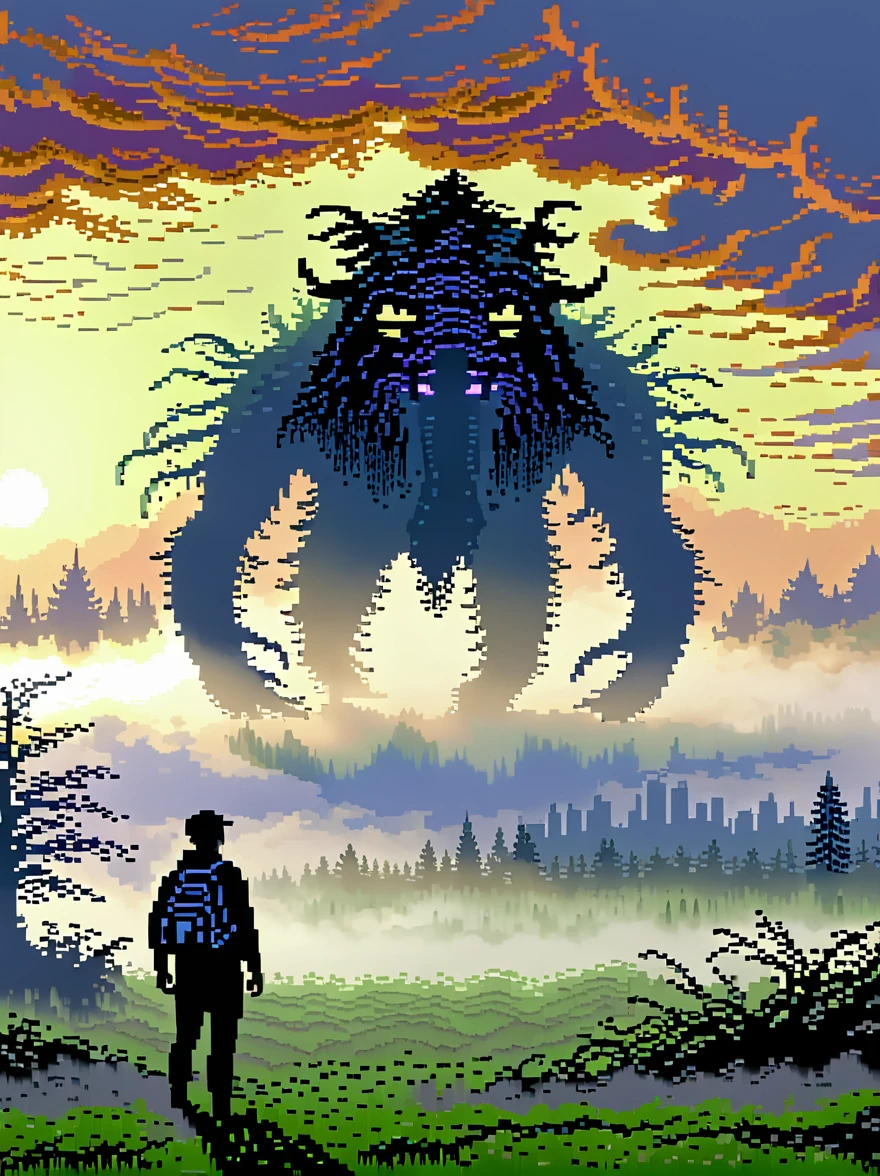 (pixel art:1.5)，foggy field, trees, ((giant creature1.5)), ((enveloped by fog:1.5)), horizon, unclear shape, towering, city skyline, small humans, mystery, awe, natural landscape, fantastical, eerie, captivating, dawn, dusk, mystical quality, vastness, minuteness, known world, unknown, nature, civilization, subdued colors, ethereal, silhouette, soft light, sky, photo real, Shot on a 50mm lens, classic composition, masterpiece, exquisite, color correction, amazing visual effects, crazy details, intricate details, sharp focus, super high effect，(UHD, masterpiece, ccurate, anatomically correct, textured skin, high details, high quality, award winning, 8k), ((super high saturation, extremely bright and bright colors)，whole body，ultra wide angle lens，