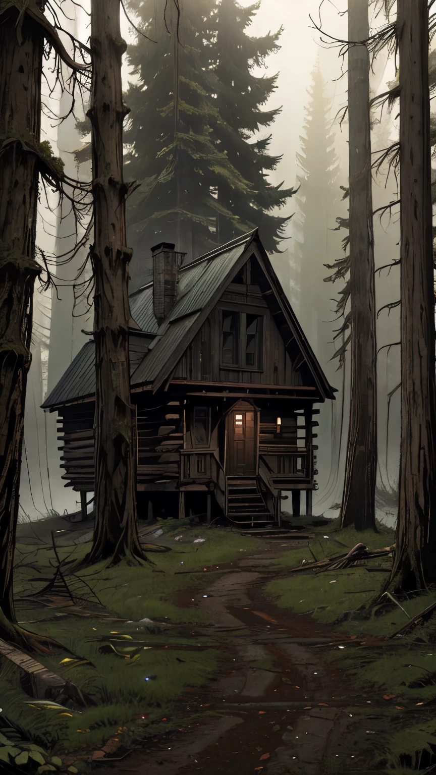 (best quality,4k,8k,highres,masterpiece:1.2),ultra-detailed,(realistic,photorealistic,photo-realistic:1.37),dense fog,forested eerie glow,ominous twisted trees,creepy path,abandoned cabin,thick mist