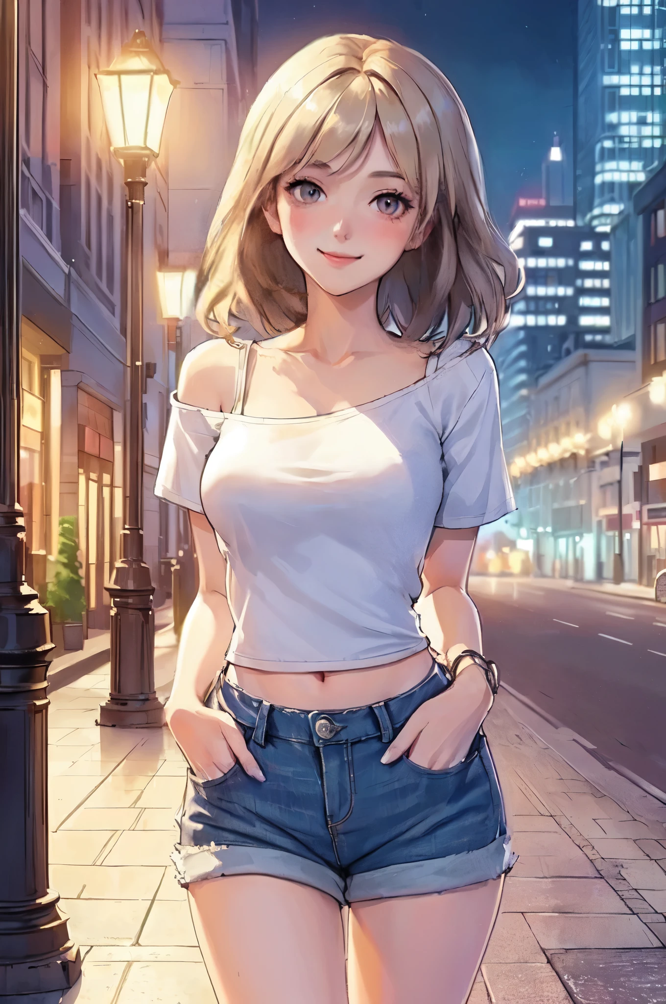 1lady solo, (strolling through city), (short white T-shirt:1.2) stylish (denim pants), mature female, /(beige hair/), blush kind smile, (masterpiece best quality:1.2) delicate illustration ultra-detailed, large breasts, (hand in pocket) BREAK (luxurious downtown street) outdoors, night, cityscape, detailed background