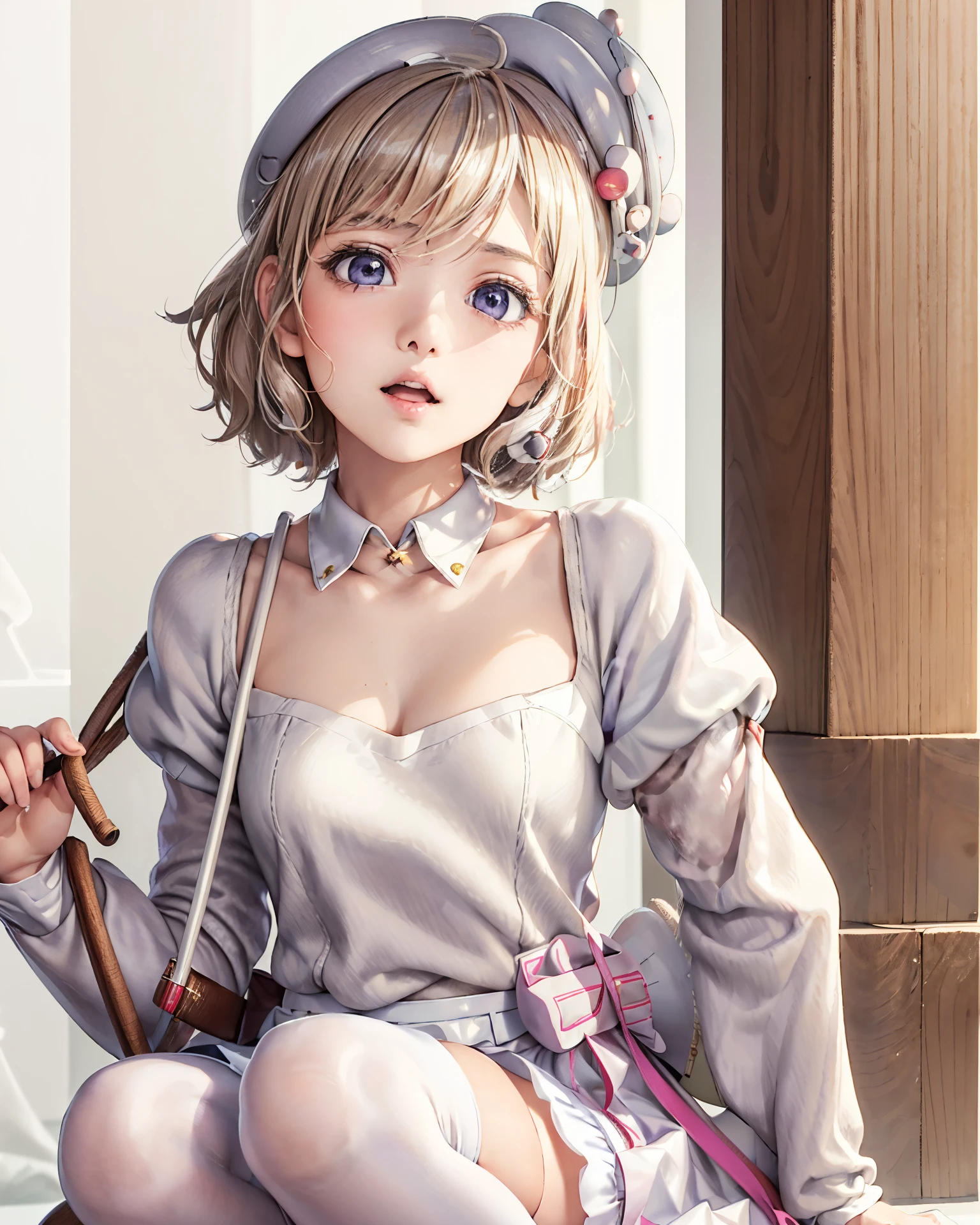 1 girl, Kotoko Iwanaga, ((collar, cuff, skirt裾が青い飾り装飾された白フリルドレス)), white beret, petticoat, juliet sleeves, long sleeve, plump sleeves, thigh strap, white knee socks, short hair, hair 弓, light brown hair, purple eyes, skirt, holding cane, brown mini leather boots, (white iwanaga dress:1.2), (iwanagakotoko:0.9),(white beret:1.8), (((masterpiece))), ((highest quality)),  ultra high resolution, looking at the viewer, from the front,, abstract background, A street lined with old Western-style buildings