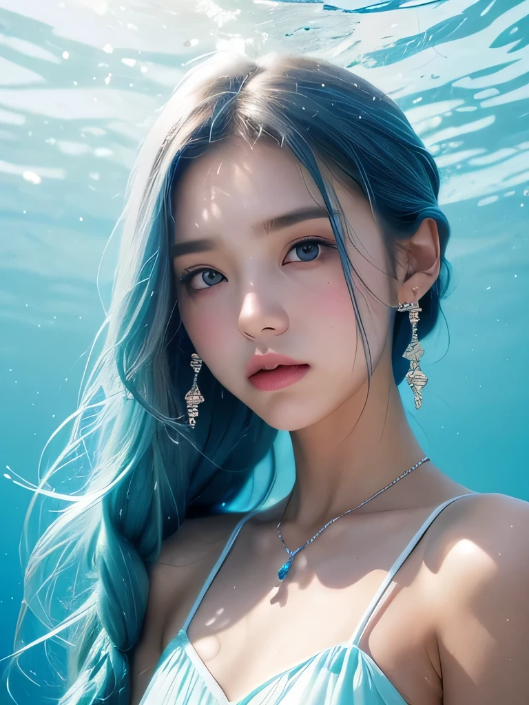 (masterpiece, highest quality:1.2), 8K, 85mm, Raw photo, confused, white and cyan theme, (liquid clothes, liquid dress:1.4), gray hair, gradient dress, delicate girl, Upper body, close your face, shiny skin, teen, looking at the viewer, HDR, sharp focus, particle, dusk sky, shiny skin, small eyes and face, colorful background, simple background、earrings、necklace、clavicle、straight long、straight perm、sky blue hair、underwater world、
