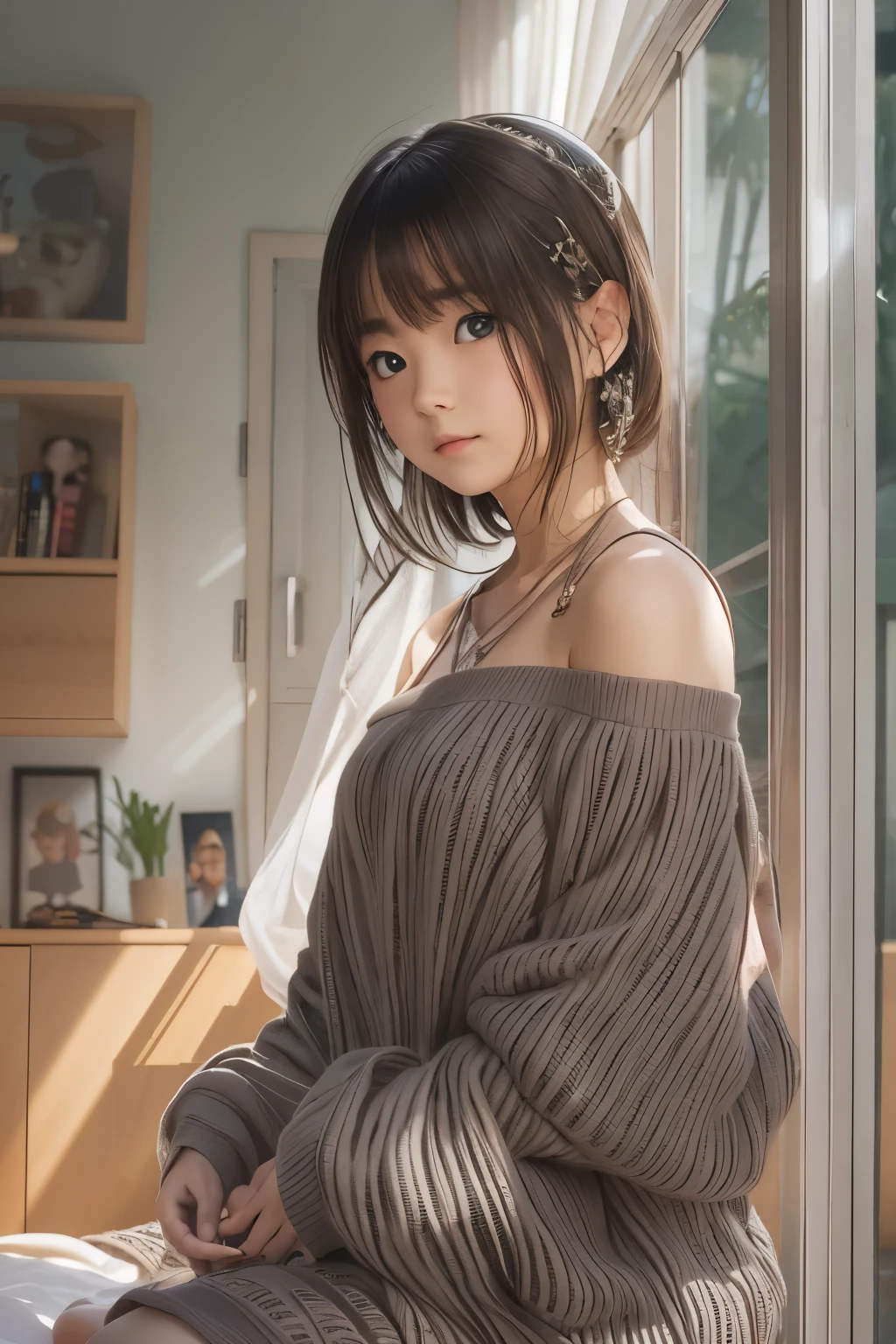 ((sfw: 1.4)), (detailed face), Ultra High Resolution, (Realistic: 1.4), RAW Photo, Best Quality, (Photorealistic), Focus, Soft Light, ((15 years old)), ((Japanese)), (Front, Young Face))), (Depth of Field), (One Piece), Masterpiece, (Photoreal), Woman, Bangs, (( off-the-shoulder top, Bedroom, 1 Girl))