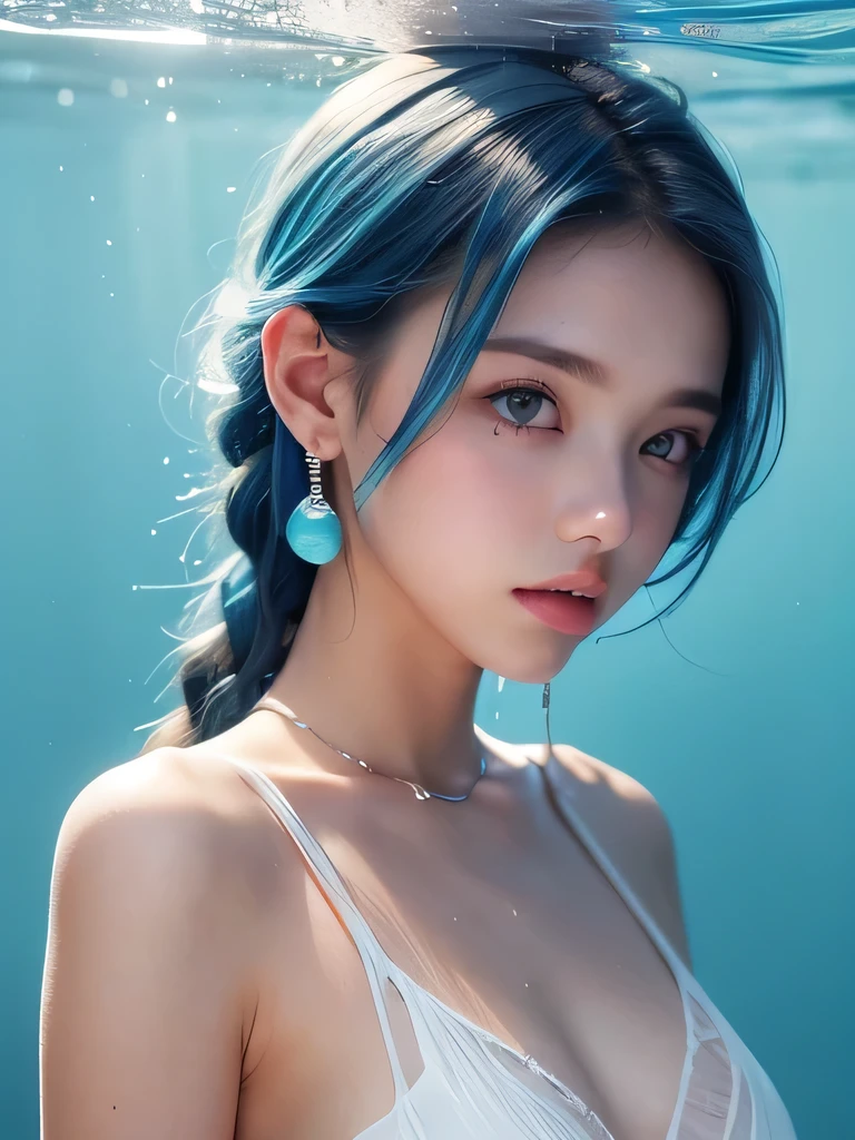 (masterpiece, highest quality:1.2), 8K, 85mm, Raw photo, confused, white and cyan theme, (liquid clothes, liquid dress:1.4), gray hair, gradient dress, delicate girl, Upper body, close your face, shiny skin, , looking at the viewer, HDR, sharp focus, particle, dusk sky, shiny skin, small eyes and face, colorful background, simple background、earrings、necklace、clavicle、braid hair、sky blue hair、underwater world、