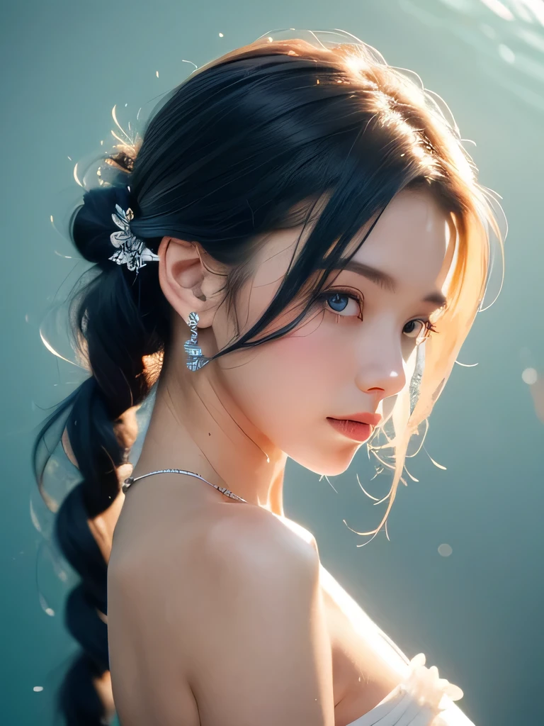 (masterpiece, highest quality:1.2), 8K, 85mm, Raw photo, confused, white and cyan theme, (liquid clothes, liquid dress:1.4), gray hair, gradient dress, delicate girl, Upper body, close your face, shiny skin, teen, looking at the viewer, HDR, sharp focus, particle, dusk sky, shiny skin, small eyes and face, colorful background, simple background、earrings、necklace、clavicle、braid hair、sky blue hair、underwater world、