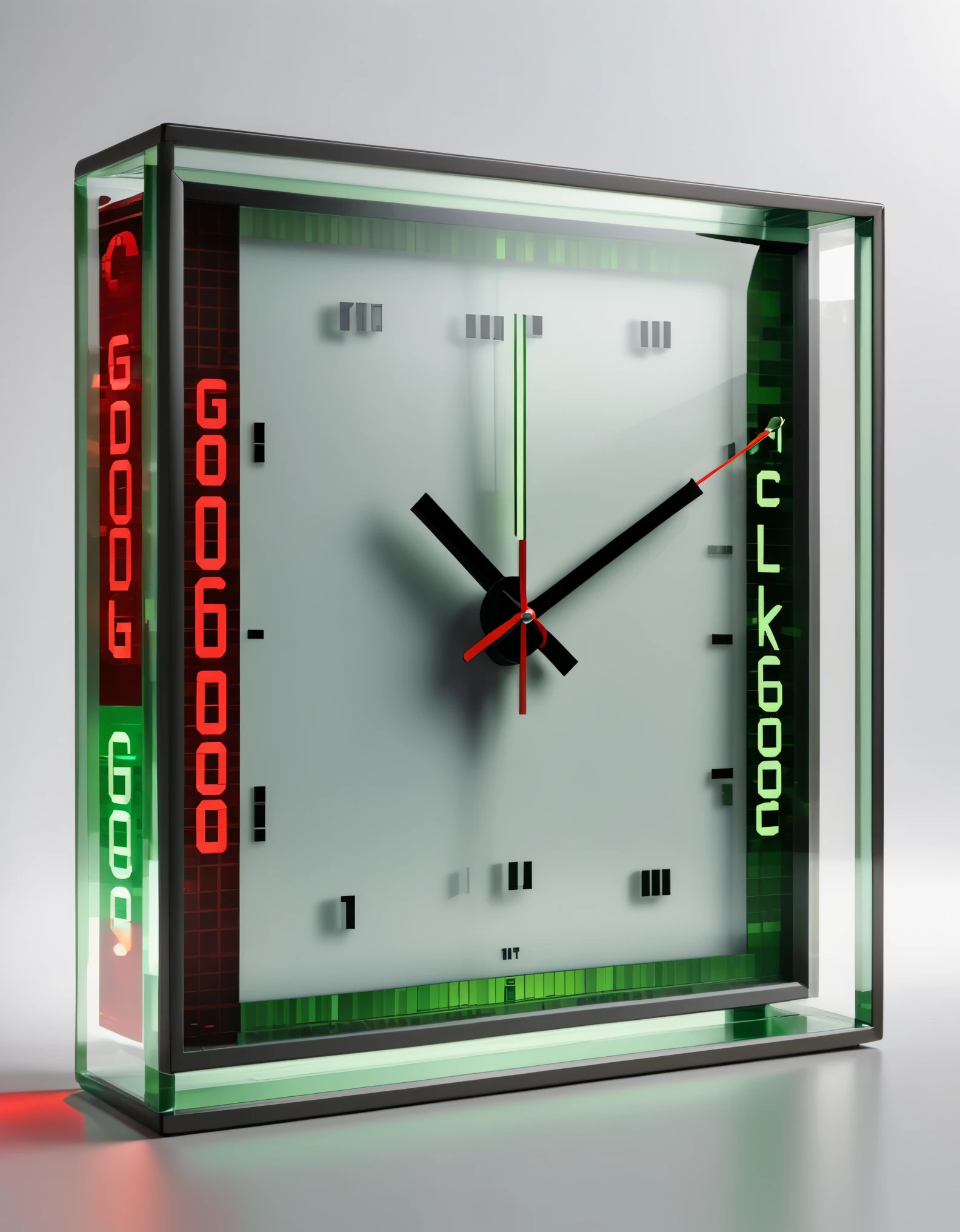 (best quality,highres,ultra-detailed),pixelated glass electronic clock with the words "good luck". The pixel art font on the clock is reminiscent of old-school video games, featuring a restricted set of characters in an 8x8 pixel grid with equal width for each character. The pixels of the letters have a border or shadow, which creates a natural spacing and a sense of depth. The letters "good luck" are transparent, allowing the background to show through. The letters are in red and green colors, representing the words "good luck".