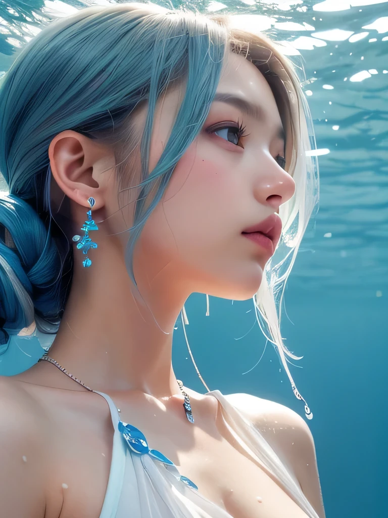 (masterpiece, highest quality:1.2), 8K, 85mm, Raw photo, confused, white and cyan theme, (liquid clothes, liquid dress:1.4), gray hair, gradient dress, delicate girl, Upper body, close your face, shiny skin, teen, looking at the viewer, HDR, sharp focus, particle, dusk sky, shiny skin, small eyes and face, colorful background, simple background、earrings、necklace、clavicle、braid hair、sky blue hair、underwater world、