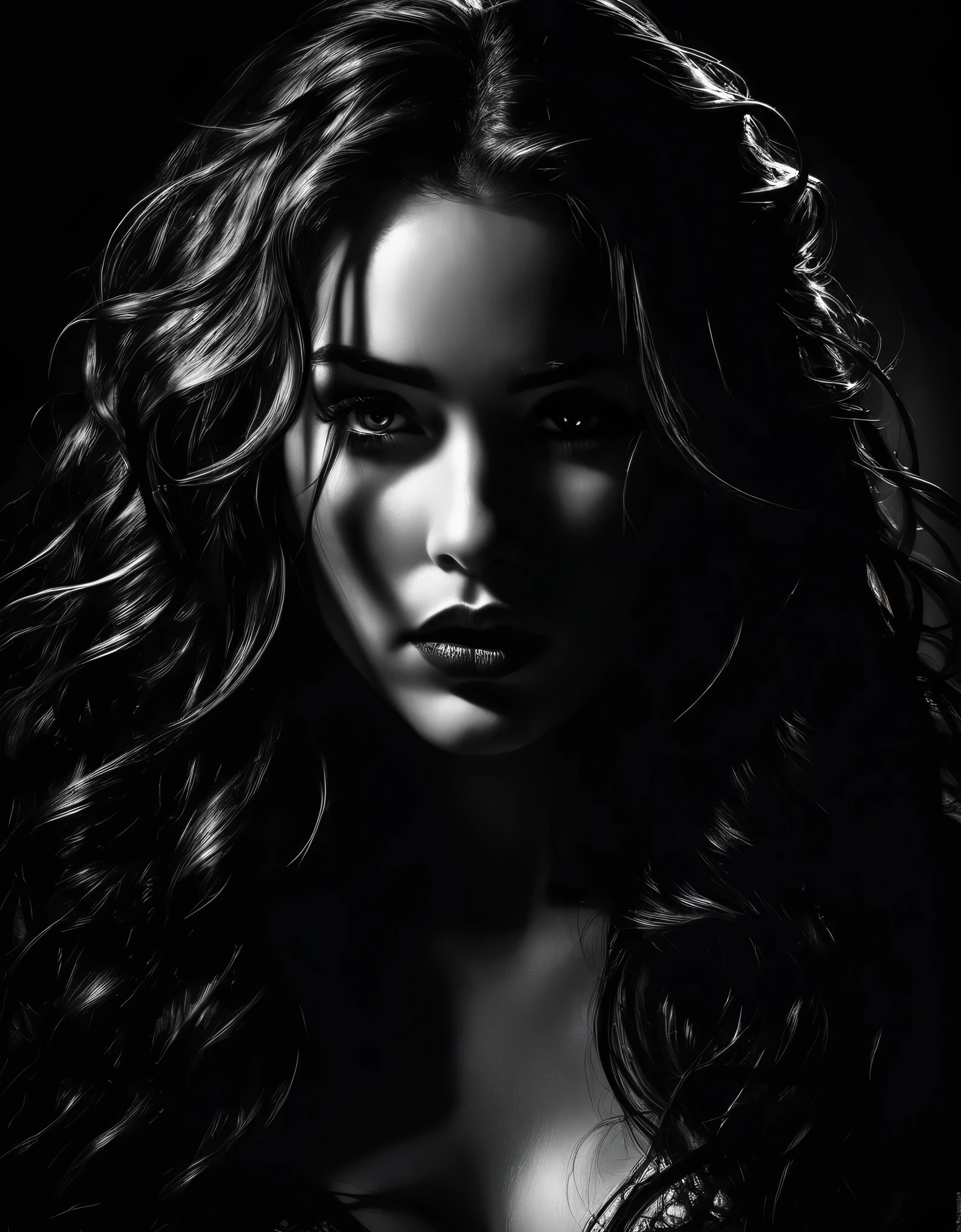 A dark and brooding beauty, with piercing eyes and flowing locks cascading around her. Rendered in the style of noir comic art, featuring dramatic lighting and shadows that accentuate her mysterious allure.