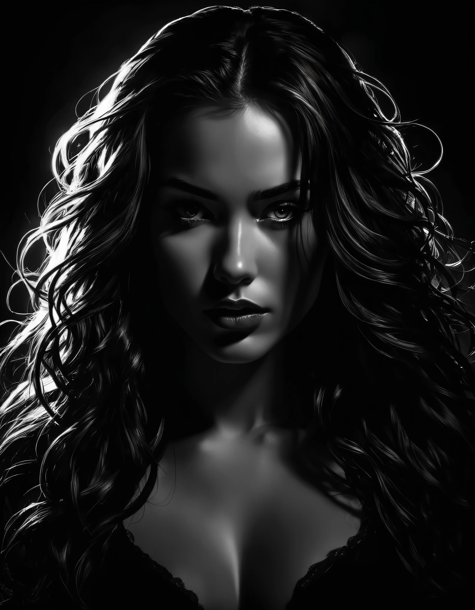 A dark and brooding beauty, with piercing eyes and flowing locks cascading around her. Rendered in the style of noir comic art, featuring dramatic lighting and shadows that accentuate her mysterious allure.