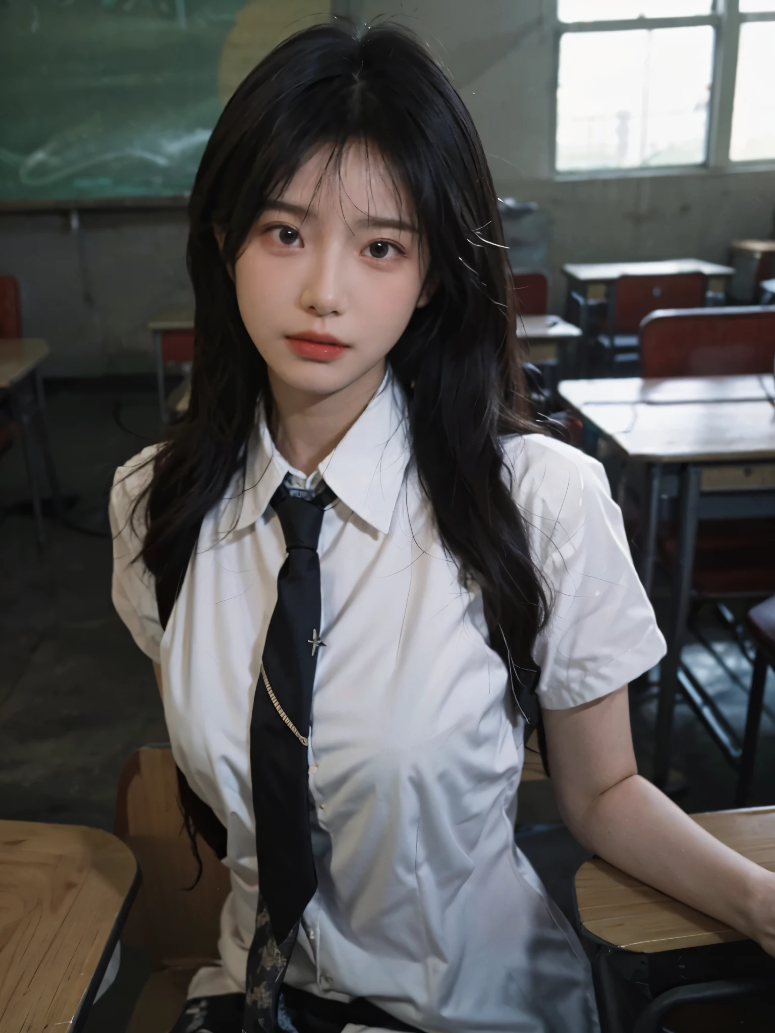 best quality,masterpiece,ultra high resolution,(realistically:1.4),1 girl,Raised sexy,A pair of beautiful and moving eyes look at the audience,Sunshine Classroom,(Suit and tie colors random:1.2),(Big breasts:1.4),(upper part of body:1.4)