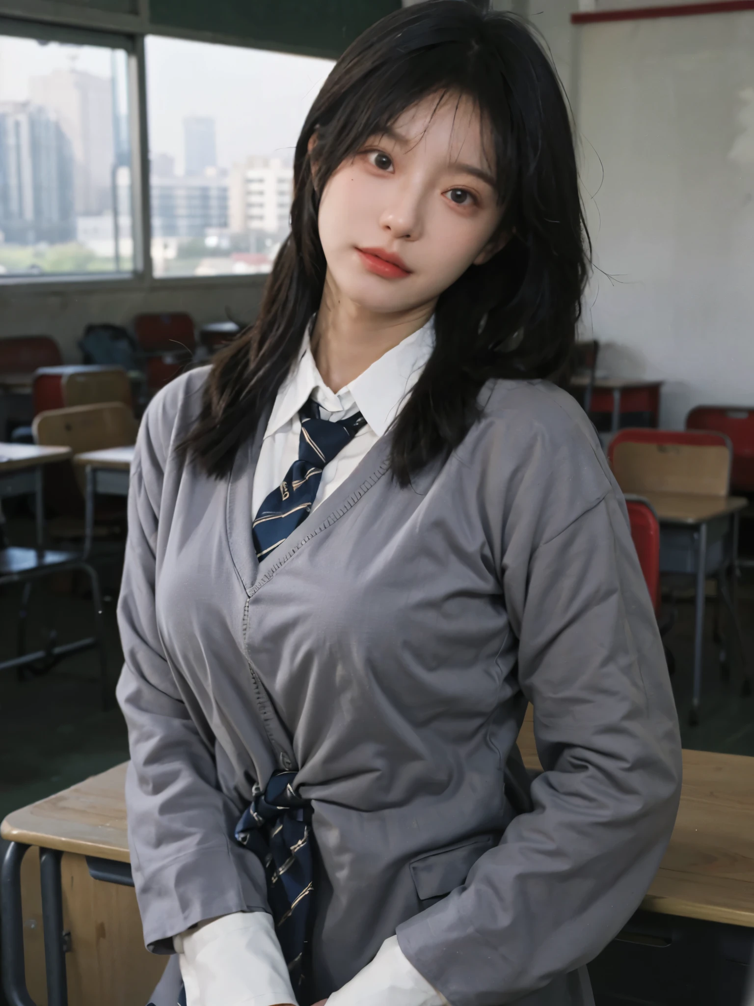 best quality，masterpiece，ultra high resolution，（realistically：1.4），1 girl，Raised sexy，A pair of beautiful and moving eyes look at the audience，Sunshine Classroom，（Suit and tie colors random：1.2），（Big breasts：1.4），（upper part of body：1.4）