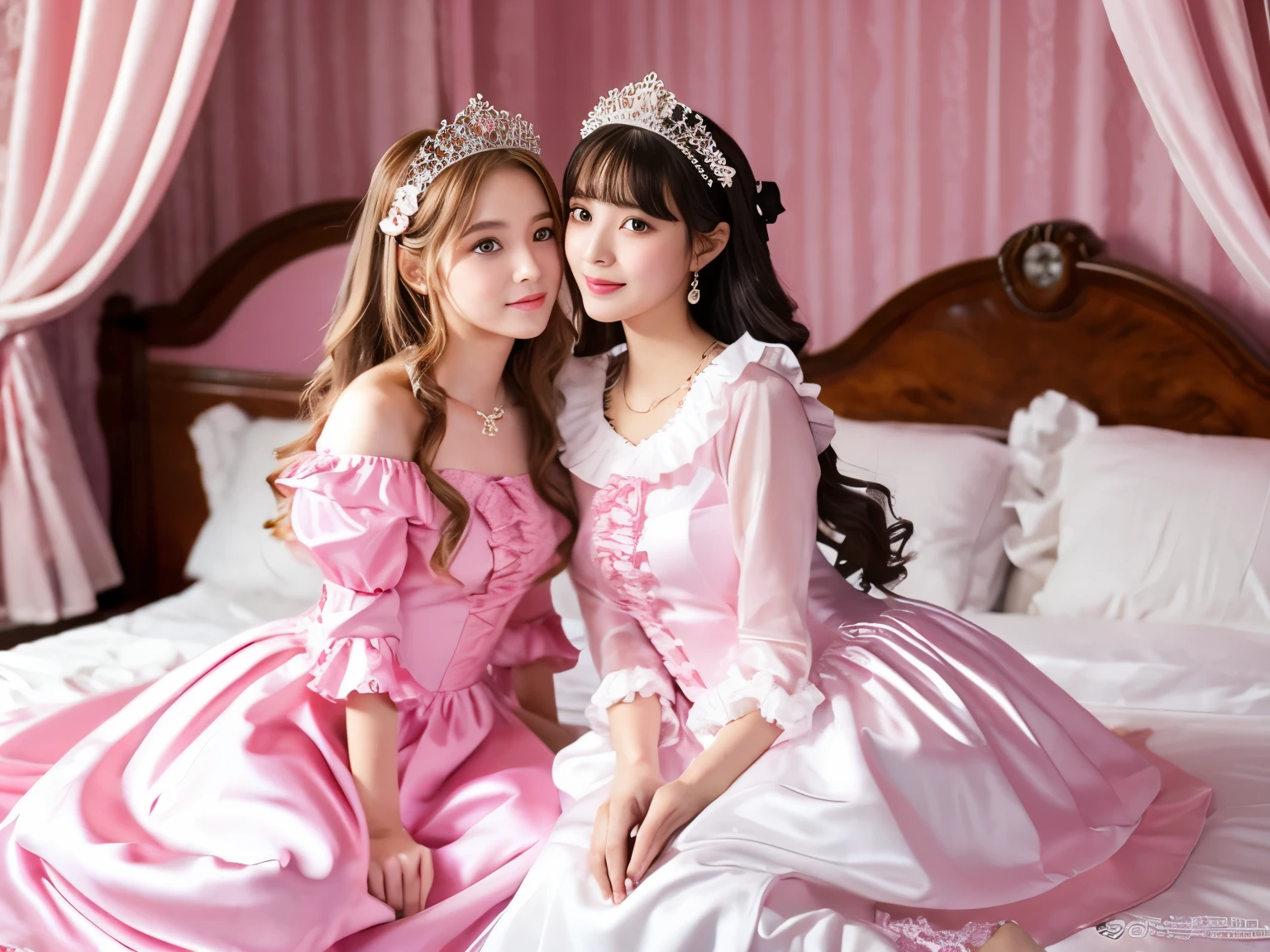 ,highest quality, masterpiece, highest resolution, artwork, super それにget used to it, many get used to it, get used to it, それにget used to it, 3K realistic photos,,((10 year old s)),Super detailed baby face,they are both princesses,Full length ball gown dress with hoop skirt,ruffled yoke collar,puff sleeves,long sleeve,((lolita stylt pink princess satin dress、Comes with lots of frills and ribbons。)),colorful rococo fashion,shiny satin dress,Soft and smooth fabric,luxury,long blonde hair,blue eyes,white skin european,pajamas,((interior of palace bedroom)),canopy bed,sitting on the bed,