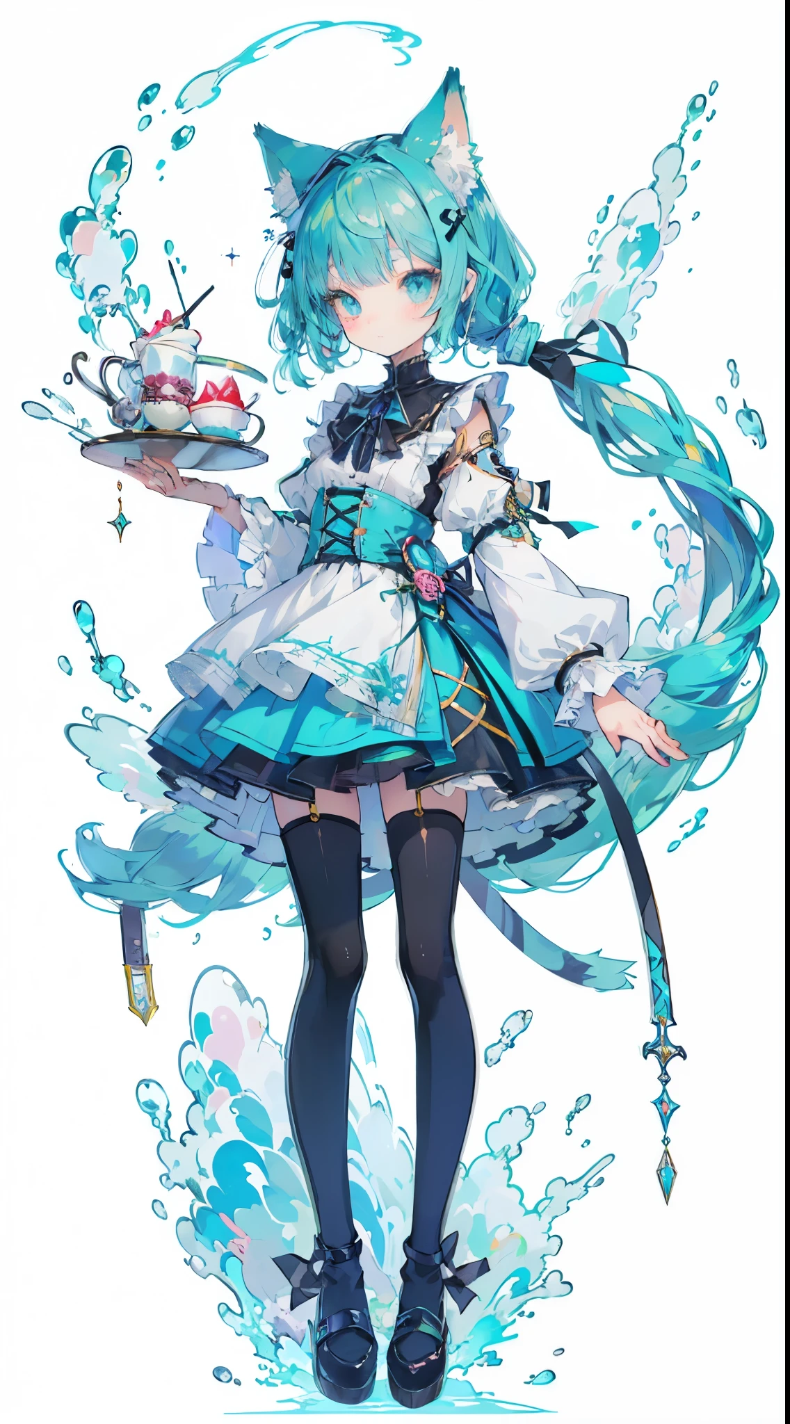 ((table top, highest quality: 1.1), ((Anime girl in a blue dress with a magic wand)), art nouveau、Anime cat girl wearing a maid costume, , ((Green hairs))、long haired person、((Eyes that shine like jewels, long eyelashes, and a sense of transparency))、Very Beautiful Anime cat girl, アニメcat girl, ((white knee highs)), 魅力的なcat girl, I'm at the candy store,Inspired by Leiko Ikemura, Aya Takano color style, in ryuuou no oshigoto art style, cat girl, Character you admire, rei hiroe、Smiling