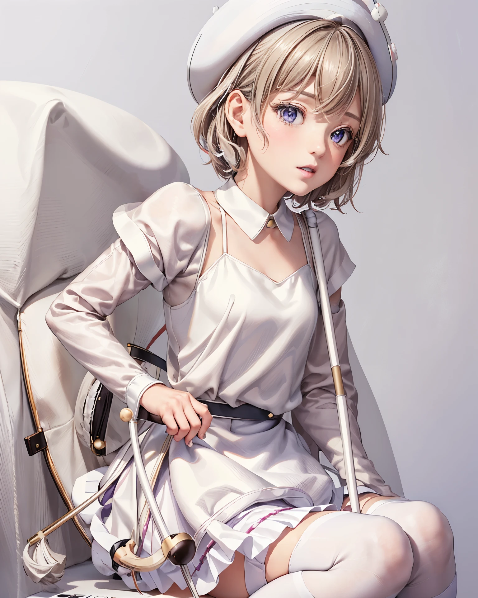 1 girl, Kotoko Iwanaga, ((collar, cuff, skirt裾が青い飾り装飾された白フリルドレス)), white beret, petticoat, juliet sleeves, long sleeve, plump sleeves, thigh strap, white knee socks, short hair, hair 弓, light brown hair, purple eyes, skirt, holding cane, brown mini leather boots, (white iwanaga dress:1.2), (iwanagakotoko:0.9),(white beret:1.8), (((masterpiece))), ((highest quality)),  ultra high resolution, looking at the viewer, from the front,, abstract background, A street lined with old Western-style buildings