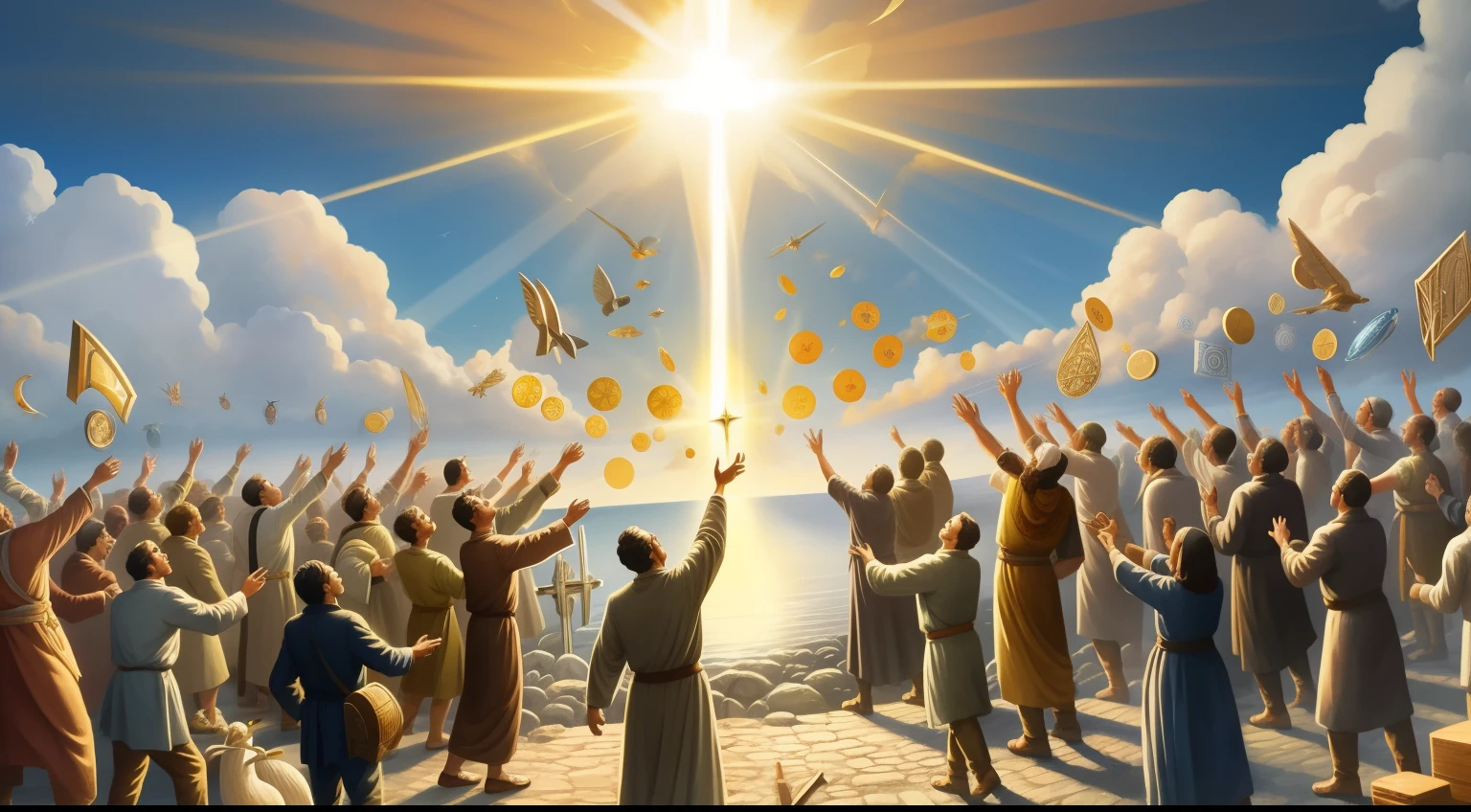 uma pintura de uma cruz com pessoas em volta dela, golden gates of heaven!!!!!!!!, epic biblical representation, Flying toasters in the sky, por Alexander Kucharsky, santos raios de luz sagrados, Luz dos Deuses, deus raios solares, Deus - Raios, raios divinos, obra-prima de luz brilhante, raios sagrados, pointing to the sky, raios de deus brilhando de cima