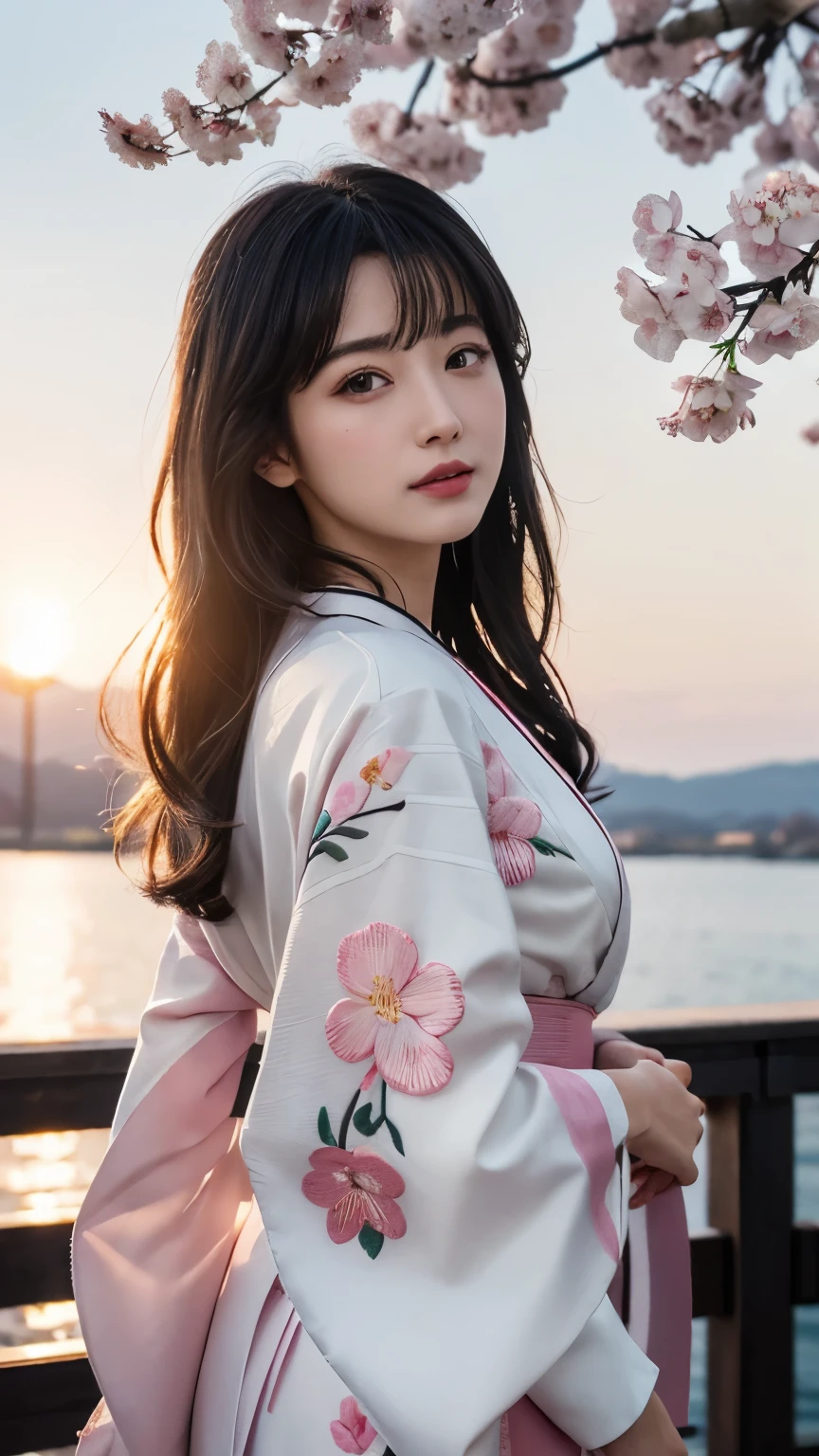 (logo、masterpiece、8k、table top、RAW photo、wonderful、最high quality、Photorealistic and hvery detailed CG integrated 8k wallpaper、high quality、very detailed、Narrative poem、particle effects、dynamic effects、Depth of written boundary、cinematic light、Lens flare、ray tracing)、fantasy、 (1 beautiful woman、white kimono、Japan Dresses、white cherry blossom pattern、White cherry blossom embroidery pattern、black haired、beautiful face、real face、beautiful details eyes beautiful skin)、Hair flutters in Wind、hair bounces、pink cherry tree、petals dance、SakuraFubuki、wonderful景色、sunrise、sun on background、Wind、god々、teeth、god話、vast land