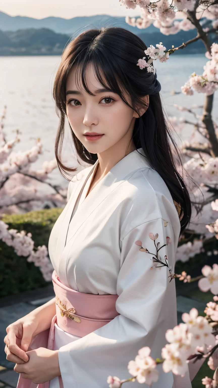 (logo、masterpiece、8k、table top、RAW photo、wonderful、最high quality、Photorealistic and hvery detailed CG integrated 8k wallpaper、high quality、very detailed、Narrative poem、particle effects、dynamic effects、Depth of written boundary、cinematic light、Lens flare、ray tracing)、fantasy、 (1 beautiful woman、white kimono、Japan Dresses、white cherry blossom pattern、White cherry blossom embroidery pattern、black haired、beautiful face、real face、beautiful details eyes beautiful skin)、Hair flutters in Wind、hair bounces、pink cherry tree、petals dance、SakuraFubuki、wonderful景色、sunrise、sun on background、Wind、god々、teeth、god話、vast land