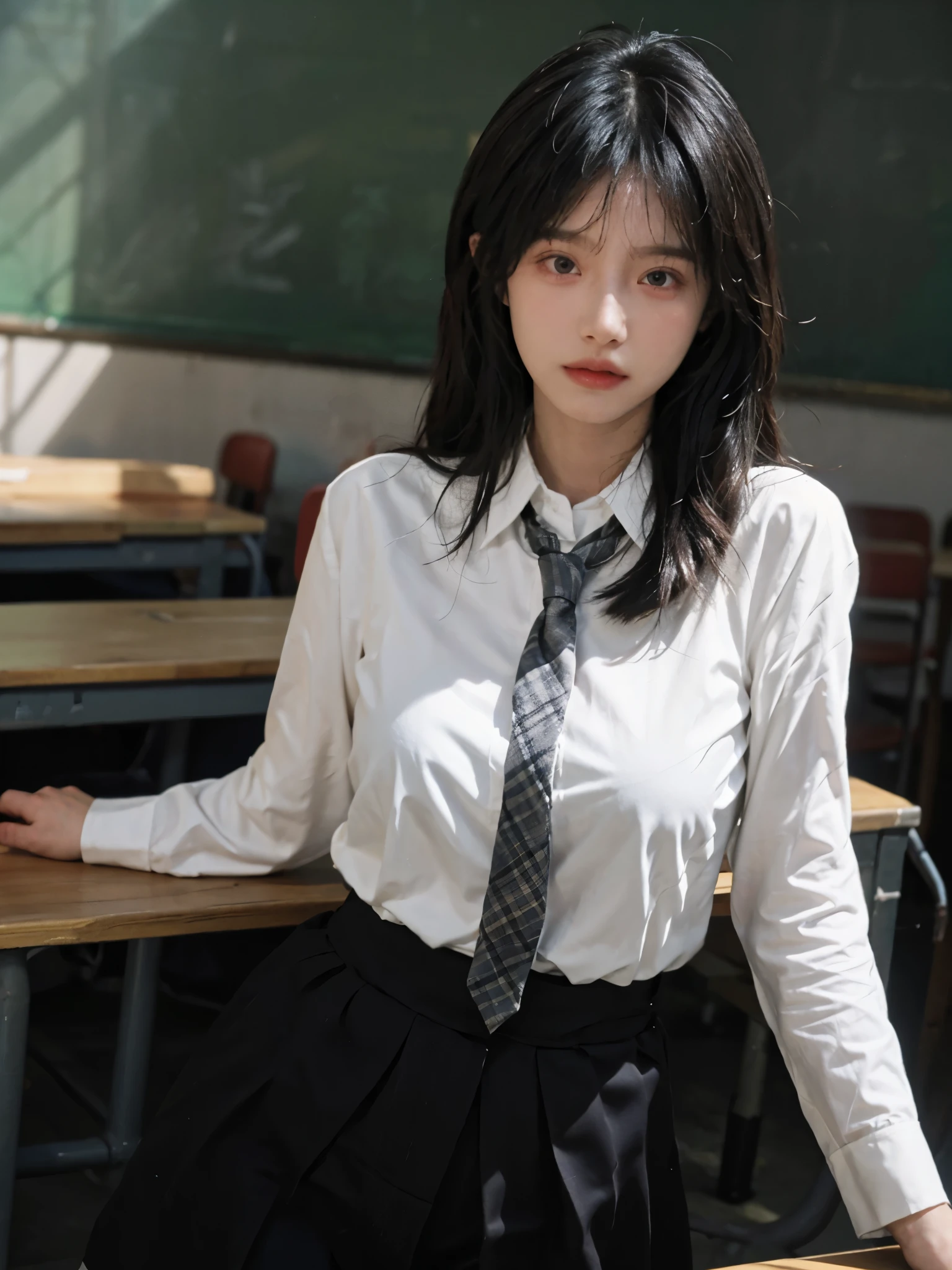 best quality,masterpiece,ultra high resolution,(realistically:1.4),1 girl,Raised y,A pair of beautiful and moving eyes look at the audience,Sunshine Classroom,(Suit and tie colors random:1.2),(Big4),(upper part of body:1.4)
