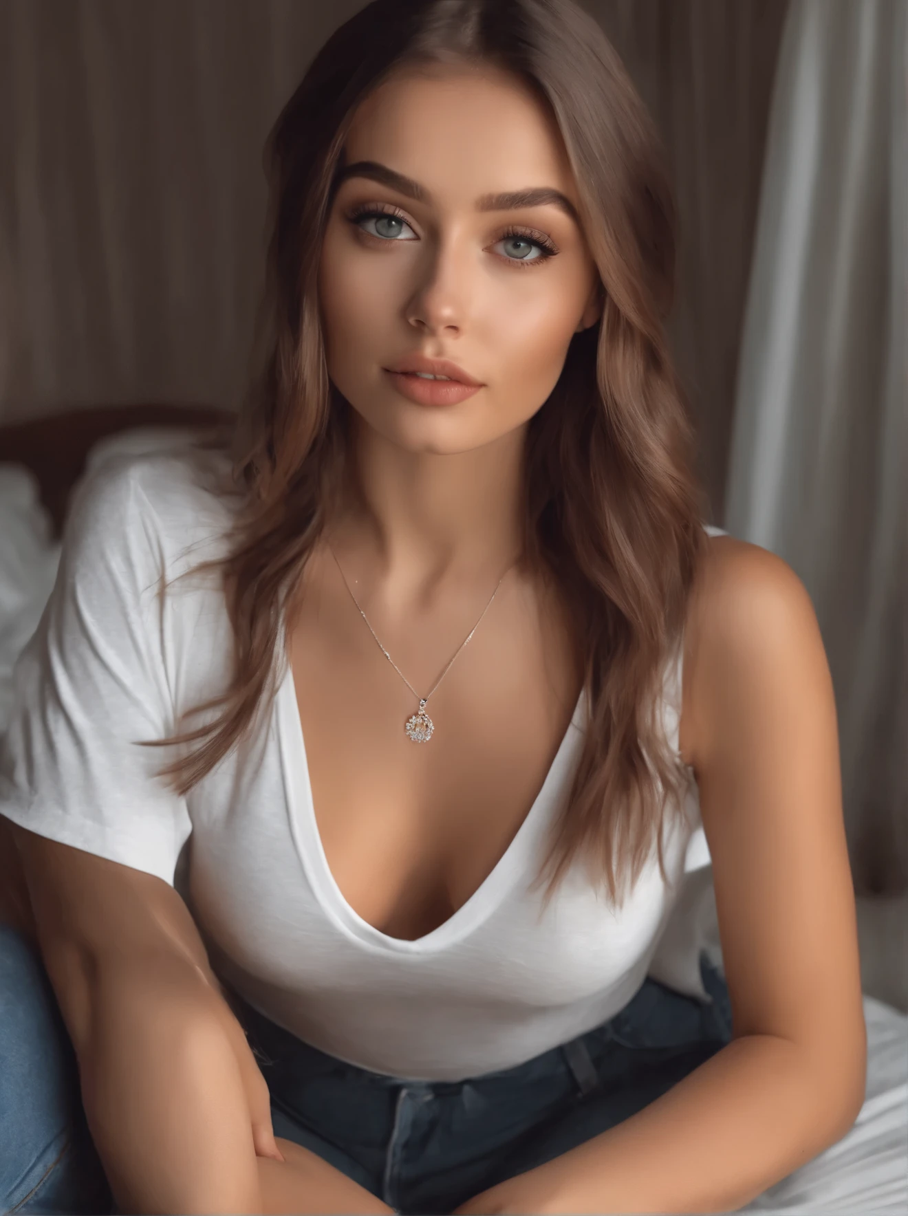 Arafed woman in white T-shirt and necklace, sexy girl with green eyes, portrait sophie mudd, brown hair and large eyes, selfie of a young woman, bedroom eyes, violet myers, no makeup, natural makeup, looking straight at camera, face with artgram, fine makeup, Stunning full-length shot, Piercing green eyes, beautiful angle, attractive pose, Sweet girl, sexy pose, full length image, full - body, shooting full body, Brunette goddess, high detail, Satisfied posture, leather pants