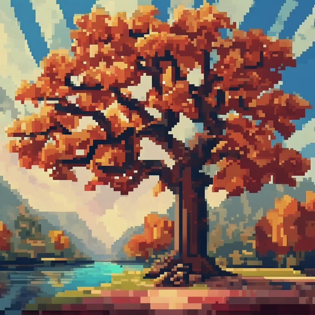 Pixel Art, pixel art maple tree, cubist painting, Neo-Cubism, layered overlapping geometry, art deco painting, Dribbble, geometric fauvism, layered geometric vector art, maximalism; V-Ray, Unreal Engine 5, angular oil painting, DeviantArt