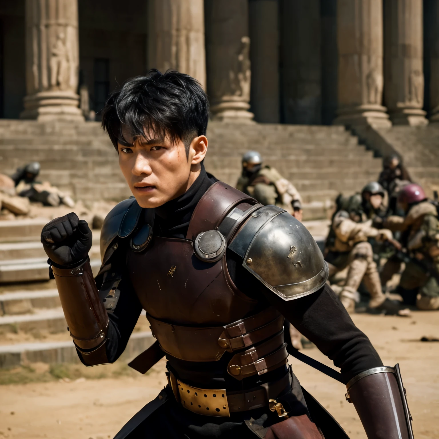 A villain human who have bruised over his body fighting against many enemies the background is ancient