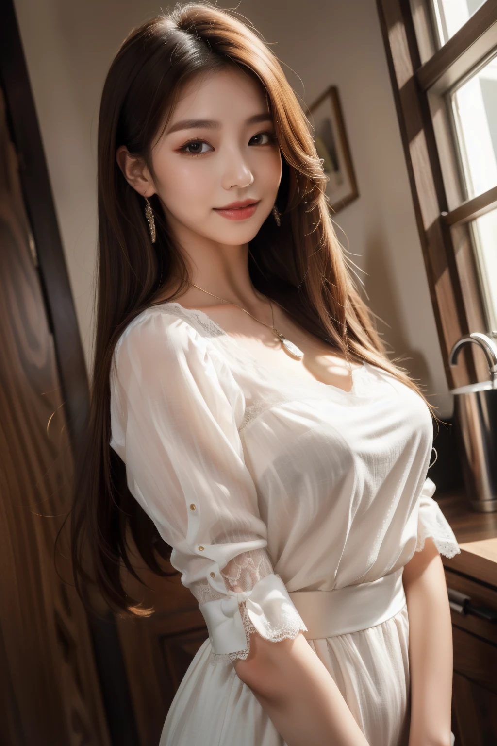 (Photo from head to waist:1.8)、Tabletop、highest quality、shape、Very detailed、finely、High resolution、8k wallpaper、完璧なダイナミックな構shape、Big and beautiful eyes、Off-the-shoulder dress、Long Hair、(Light brown hair:1.8)、(Skimpy clothing:1.8)、(Sheer black lace dress)、Purple bra、bare clavicle、Naked shoulders、Deep cleavage、(The bust is completely invisible:1.8)、Natural color lip、Random sexy poses、smile、Inviting the viewer to look、Tower apartment、