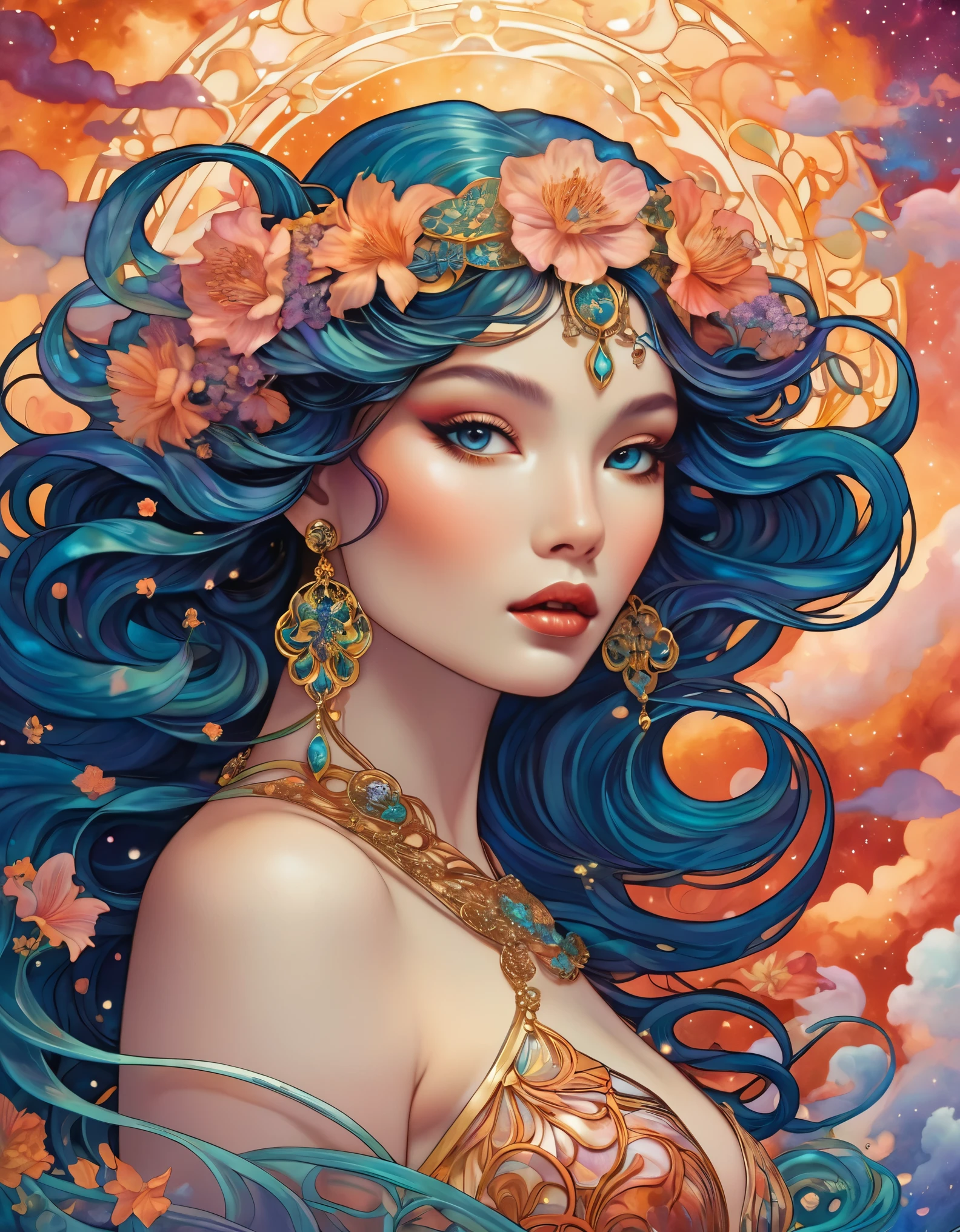 A seductive siren with otherworldly features, set against a backdrop of swirling cosmic clouds. Inspired by Art Nouveau, her form is adorned with intricate floral motifs, while her eyes hold a hint of danger and allure.
