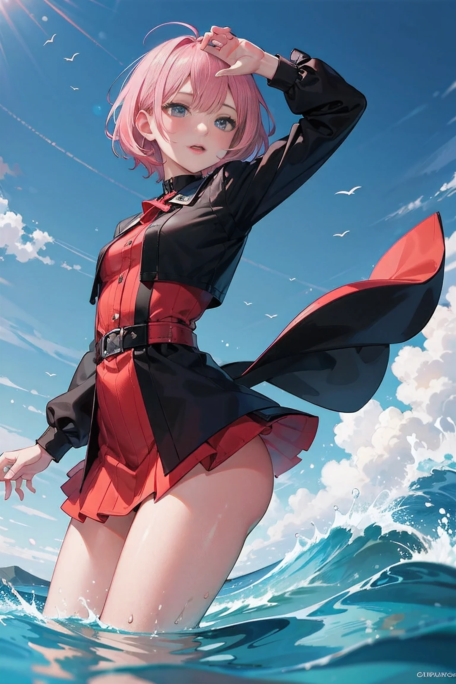 woman with short pink hair , Bold poses , sea