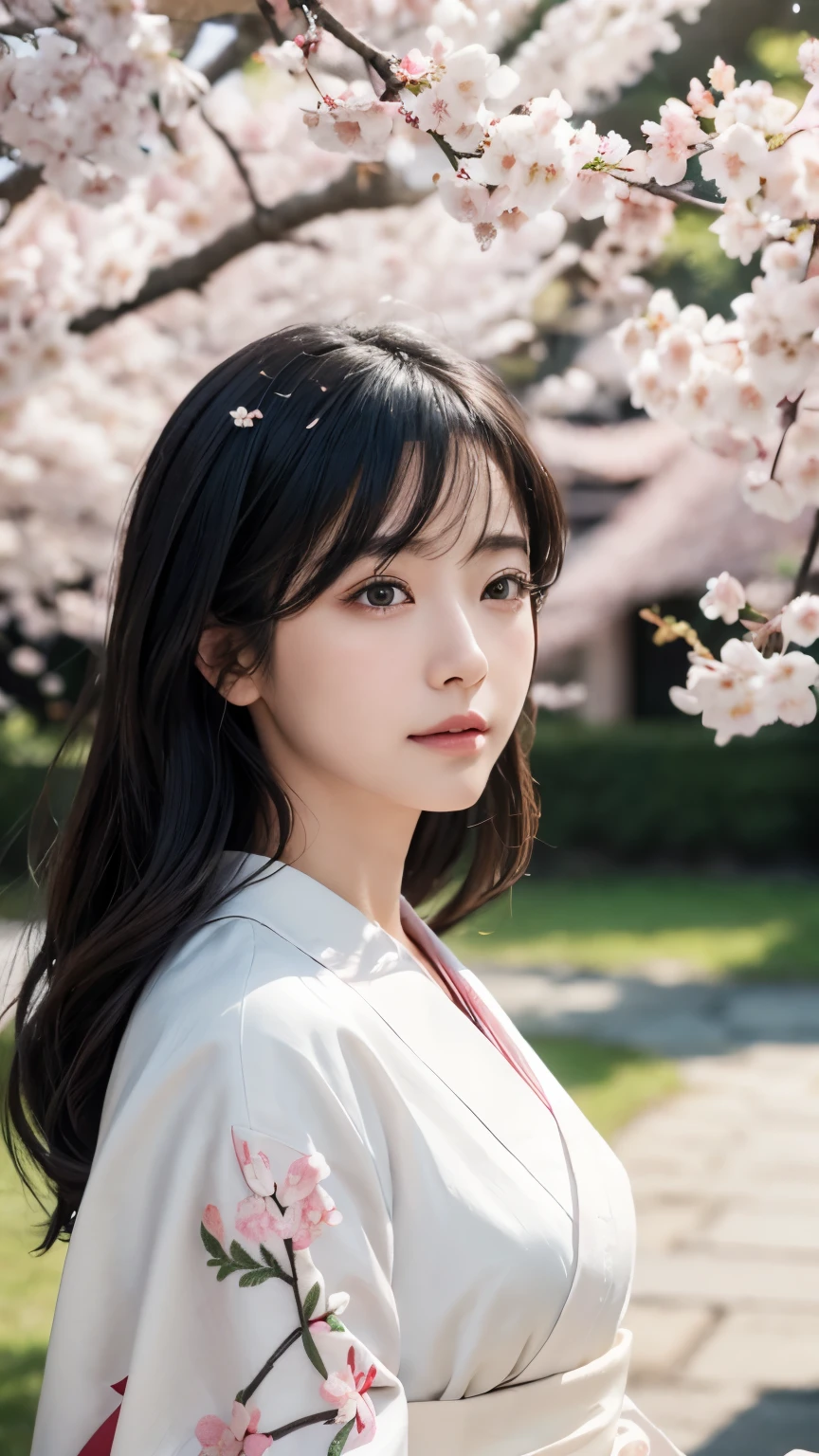 (logo、masterpiece、8k、table top、RAW photo、wonderful、最high quality、Photorealistic and hvery detailed CG integrated 8k wallpaper、high quality、very detailed、Narrative poem、particle effects、dynamic effects、Depth of written boundary、cinematic light、Lens flare、ray tracing)、fantasy、 (1 beautiful woman、white kimono、Japan Dresses、white cherry blossom pattern、White cherry blossom embroidery pattern、black haired、beautiful face、real face、beautiful details eyes beautiful skin)、Hair flutters in Wind、hair bounces、pink cherry tree、petals dance、SakuraFubuki、wonderful景色、sunrise、sun on background、Wind、god々、teeth、god話、vast land