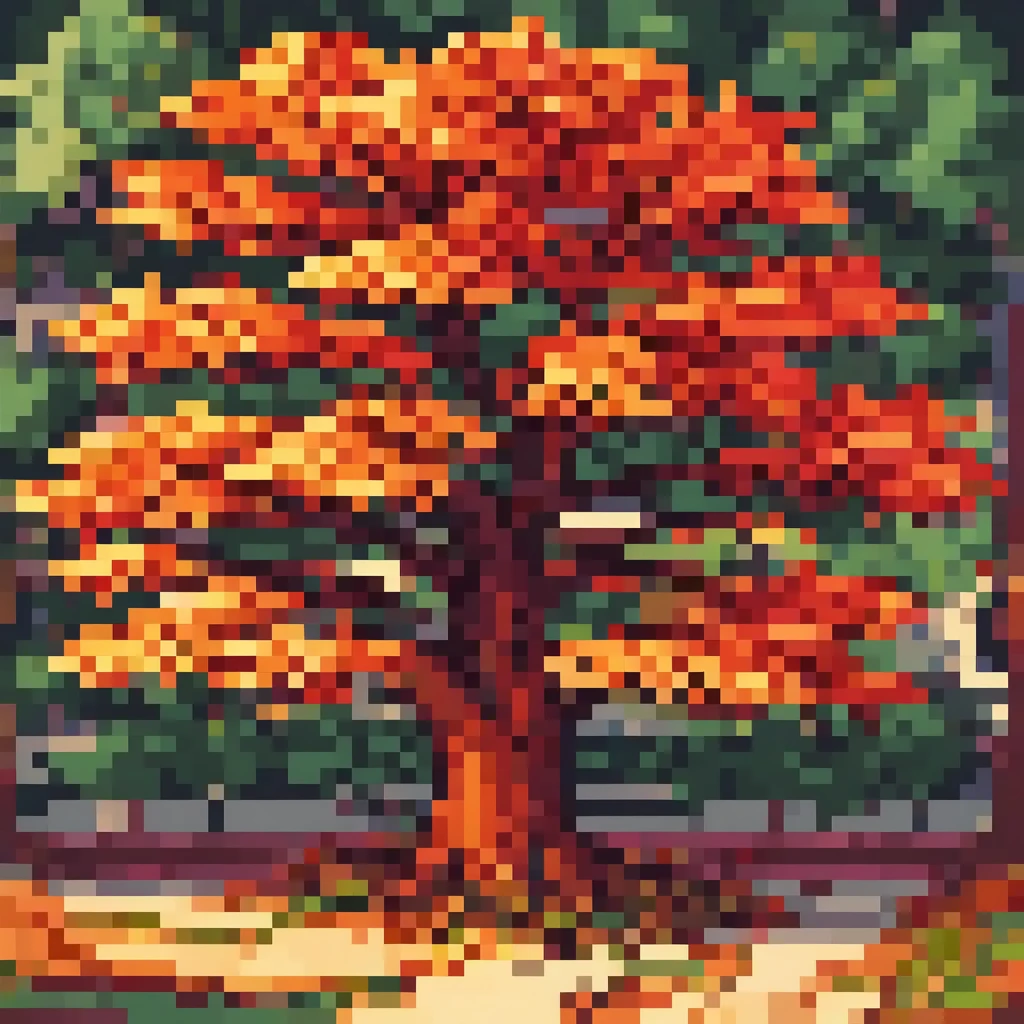 Pixel Art, pixel art maple tree, cubist painting, Neo-Cubism, layered overlapping geometry, art deco painting, Dribbble, geometric fauvism, layered geometric vector art, maximalism; V-Ray, Unreal Engine 5, angular oil painting, DeviantArt
