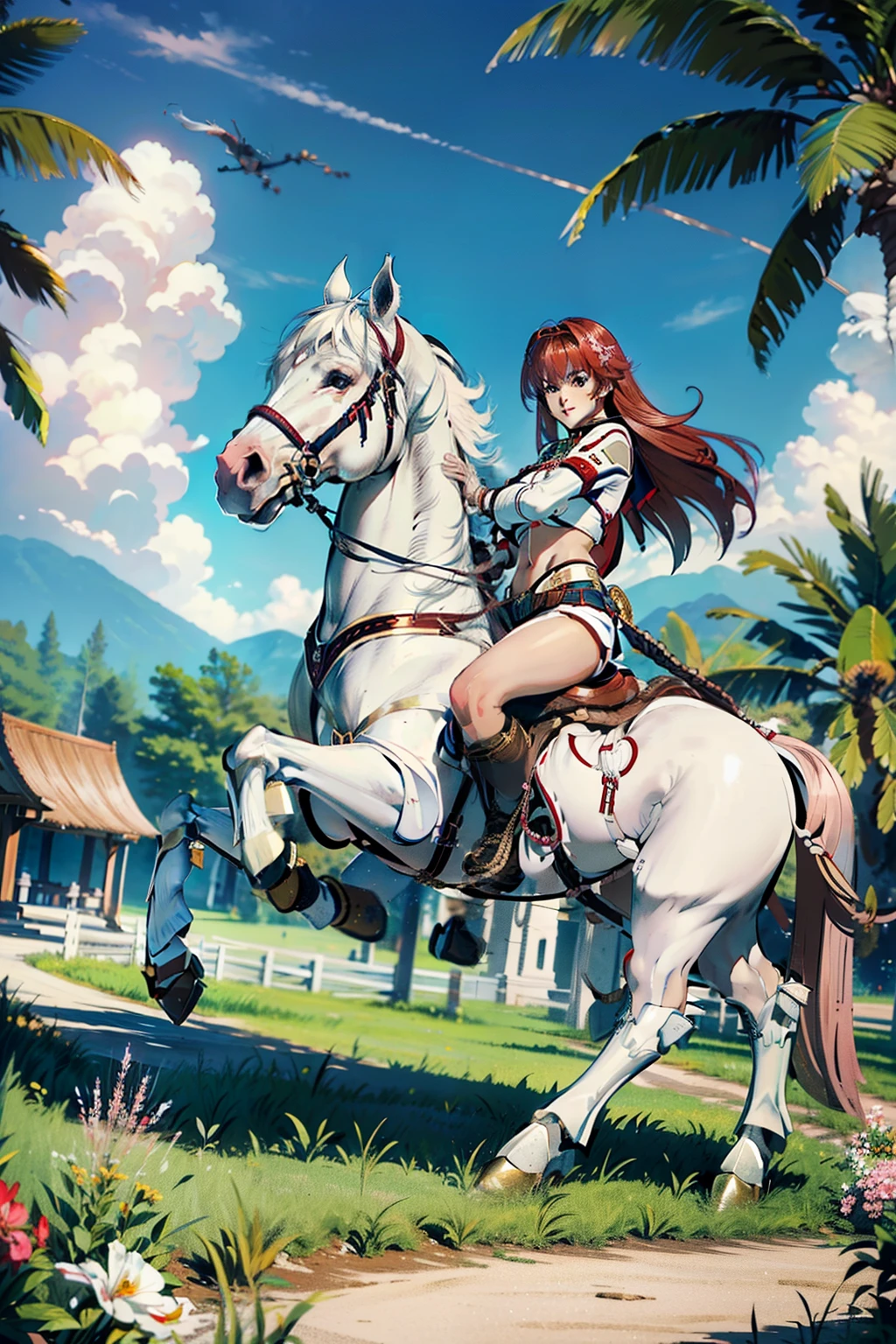 4k, masterpiece, solo, long hair, straight hair, between eyes, {red hair}, brown eyes, large breast, riding on a white horse, (white horse: 1.0, bridle, saddle, stir ups, reins: 1.2), grass land,(warrior armor, pink miniskirt, white boots), anatomically correct, FULL BODY, lighting effect