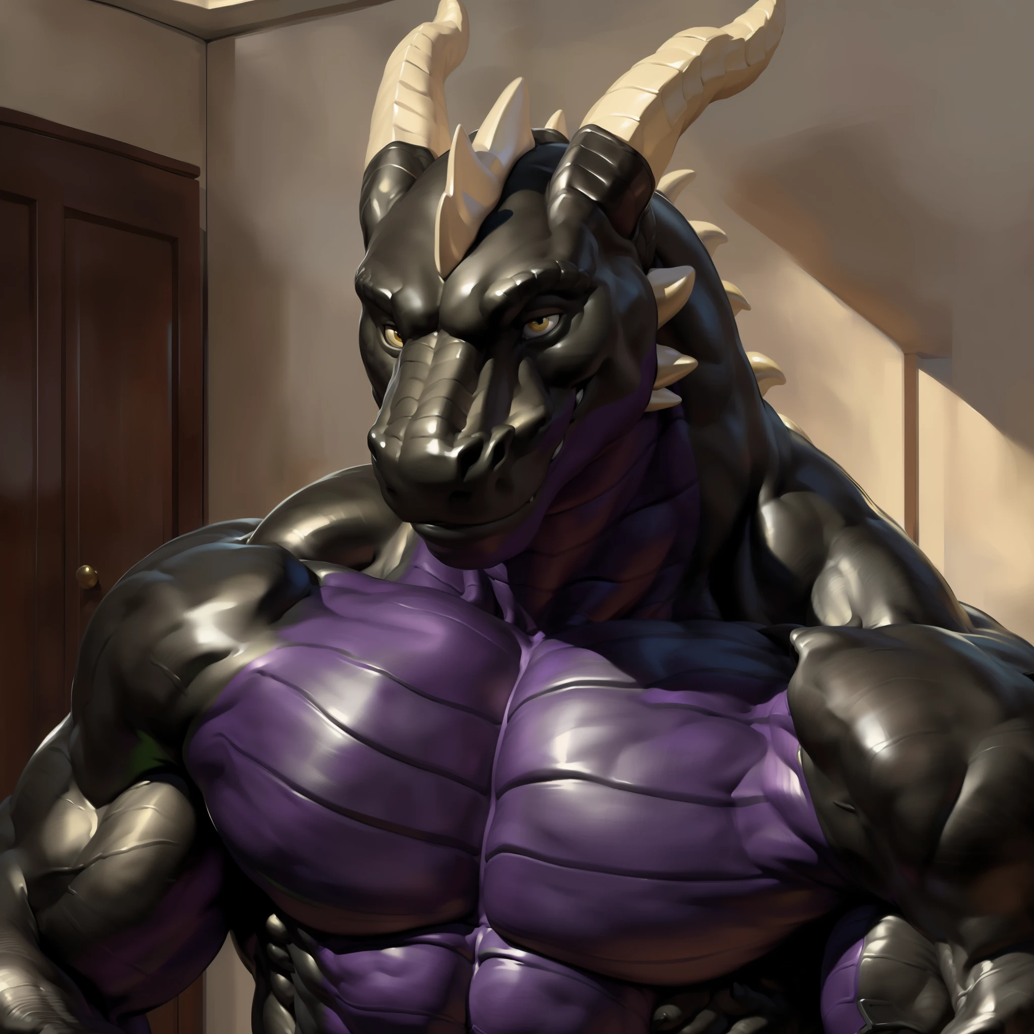 uploaded on e621.net, (best quality, masterpiece, highres, HD, 16k, textured skin, high detail)+, (ultra realism shading, photorealistic)+++, anthro, (dragon)++, (black body)++++, (purple pectorial muscles)++++, (purple abs)++++, (face shot)++, (gray horns on head and jaw), big muscles, male focus, male, gay, handsome, (male solo)++, bedroom, tall, (detailed yellow eyes)+, soft smile, looking at viewer, (correct anatomy)+, (art by kaynine, chunie, darkgem, ffffolder)+