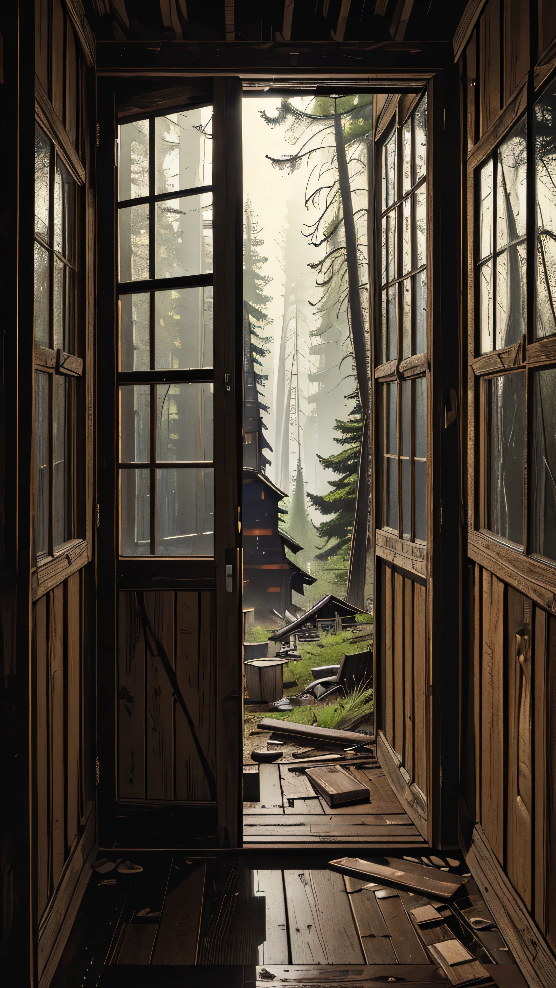 (best quality,4k,8k,highres,masterpiece:1.2),ultra-detailed,(realistic,photorealistic,photo-realistic:1.37),cabin,cabin in small clearing,old and decrepit cabin,cabin with shattered windows,creaking door,menacing appearance,forest looming in the background,cabin enveloped in shadows
