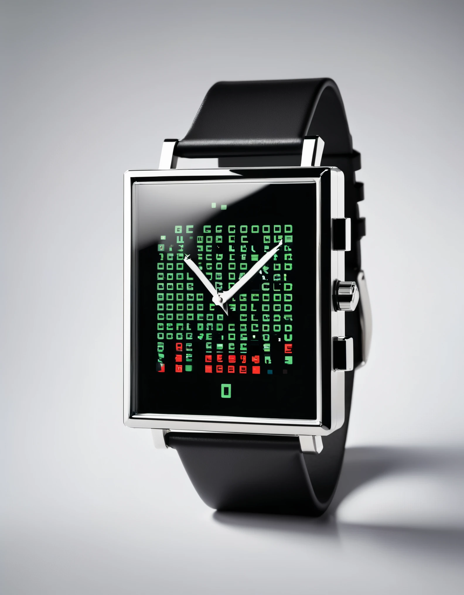 (Best Quality, High Definition, Ultra Fine), （Pixel glass electronic clock with the word "Good Luck"）. The pixel art font on the watch is reminiscent of old school video games, limiting the number of characters in an 8x8 pixel grid where each character is equal in width. The pixel points of the letters are bordered or shaded to create a natural sense of spacing and depth. The letter "Good Luck" is transparent, allowing the background to show through. The letters are in red and green to represent "good luck".background：green