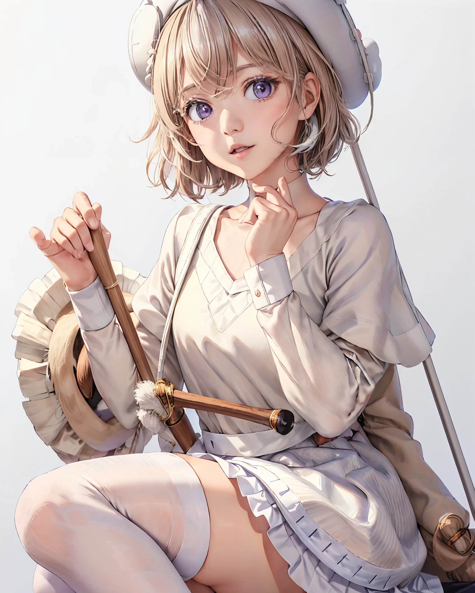 1 girl, Kotoko Iwanaga, ((collar, cuff, skirt裾が青い飾り装飾された白フリルドレス)), white beret, petticoat, juliet sleeves, long sleeve, plump sleeves, thigh strap, white knee socks, short hair, hair 弓, light brown hair, purple eyes, skirt, holding cane, brown mini leather boots, (white iwanaga dress:1.2), (iwanagakotoko:0.9),(white beret:1.8), (((masterpiece))), ((highest quality)),  ultra high resolution, looking at the viewer, from the front,, abstract background, A street lined with old Western-style buildings