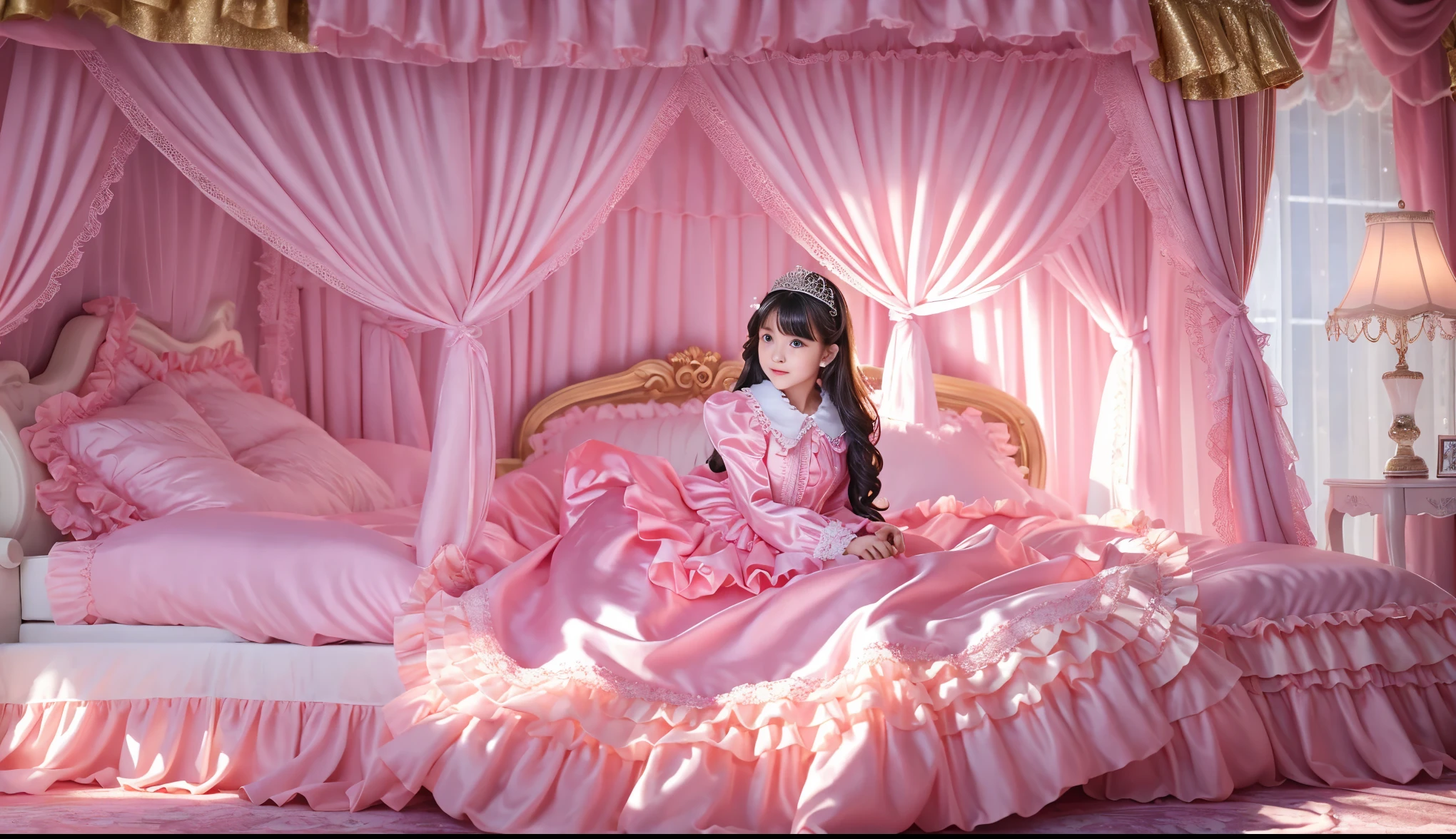 ,highest quality, masterpiece, highest resolution, artwork, super それにget used to it, many get used to it, get used to it, それにget used to it, 3K realistic photos,,((10 year old little girls)),Super detailed baby face,both are princesses,detailed luxury tiara,Full length ball gown dress with hoop skirt,ruffle yoke collar,Detailed braided ribbon at chest,puff sleeves,long sleeve,((lolita style hot pink princess satin dress、Comes with lots of frills and ribbons。)),crazy'colorful fashion,shiny silk satin dress,soft and smooth silk satin fabric,luxury,Very long blonde hair,blue eyes,white skin european,pajamas,((inside the palace)),Princess dancing happily,gorgeous flowing dress,fine white frills and lace,Super long hair that is as tall as your body,white long socks,drawers with lots of frills,castle bedroom at night,Super long flowing hair,on the bed,豪華な天蓋付きon the bed,巨大な広いon the bed,Pink pillow with lots of frills,Silk satin pink curtains with luxurious ruffles and ribbons surround the bed,princess sitting on bed,Pillows piled up behind the princess,Long hair scattered like a fan on the bed,(((Both legs are completely hidden inside the dress))),((((round futon)))),((((A large futon with frills that covers the entire bed)))),detailed comforter,Detailed bed sheets,