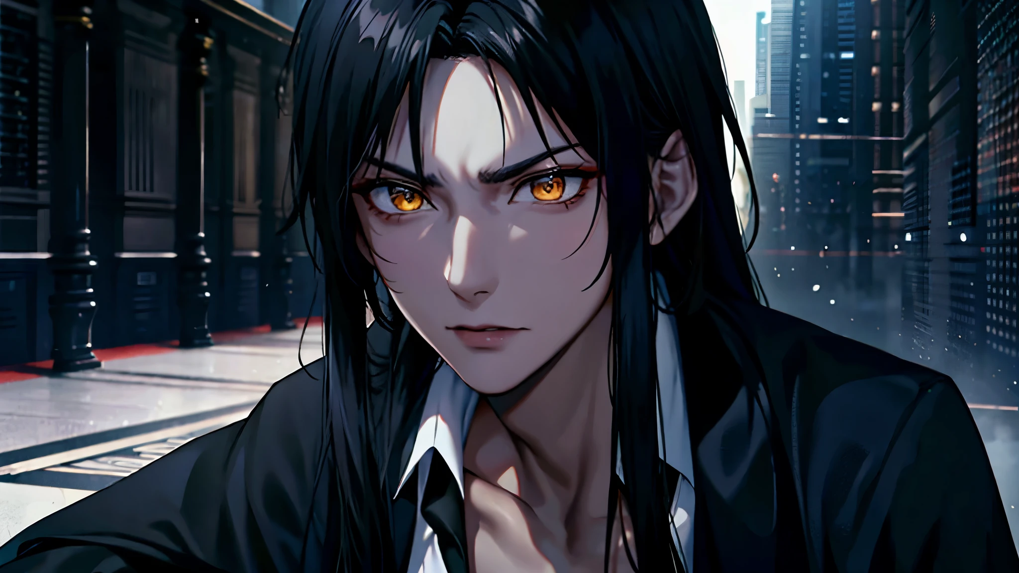 Tall thin young man with a handsome face with perfect pale features, long black hair, yellow eyes, beautiful black eyebrows, vampire, a thoughtful expression appears on his face, Wearing a pure white shirt and black cloak, 
