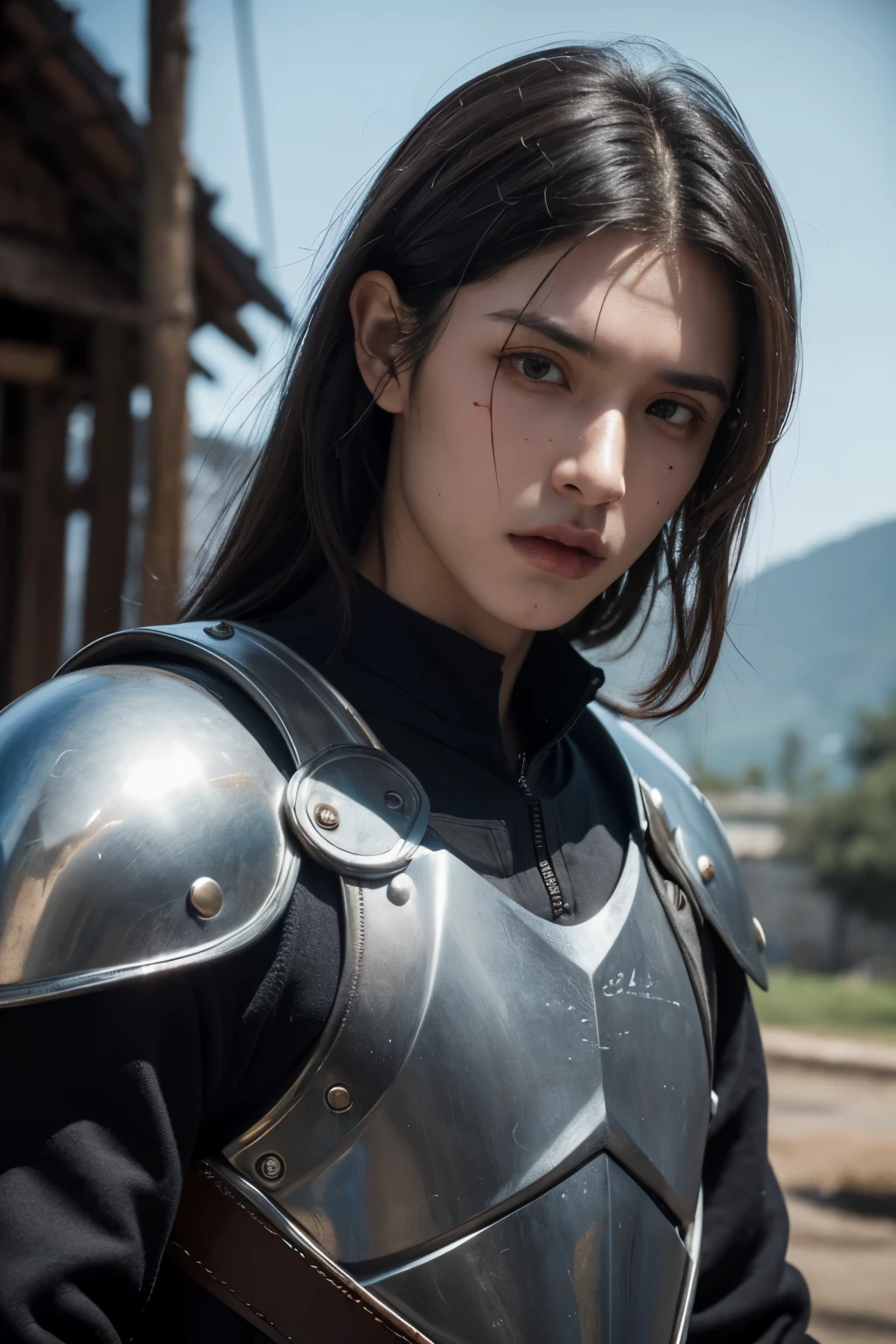 Homem guerreiro de 17 anos com cabelos pretos estilo mullet e olhos azuis marcantes, Ele usa uma armadura medieval de metal, your face is stained with blood , Your skin is white, and his expression is angry