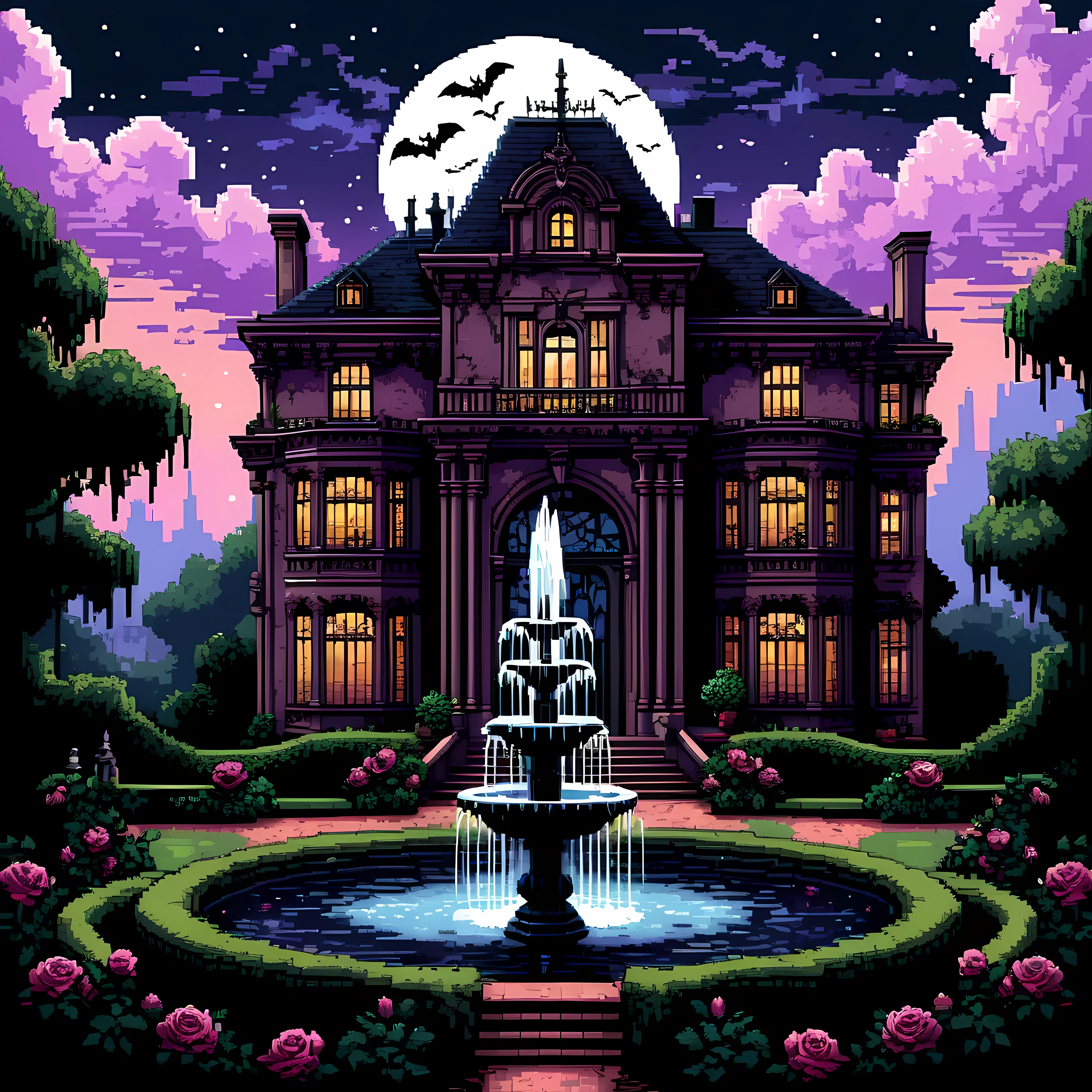 Cute pixel art illustration, masterpiece in maximum 16K resolution, superb quality, visualize a haunting twilight garden within a decrepit Victorian mansion during a sultry summer, where velvety dark roses, twisting ivy, the intricately carved gently flowing fountain, eerie bats flit through the dusky sky, adding a mysterious and gothic charm to the warm summer ambiance. | ((More_Detail))