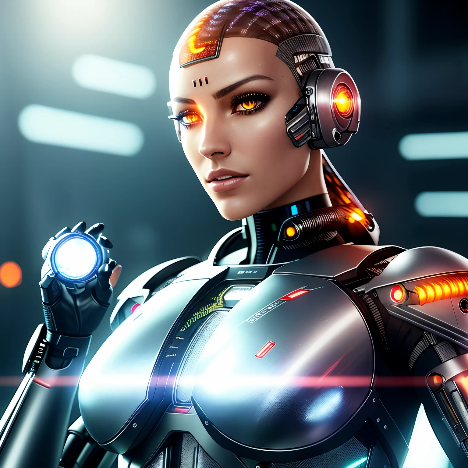 CyberRealistic: a captivating image of a futuristic female character, (cyborg:1.5), sleek metallic body, (detailed circuitry:1.3), intricately designed features, glowing neon accents, HDR, dramatically lit, cinematic perspective, sharp focusing on her expressive cybernetic eyes, flawless computerized skin texture, realistic yet stylized, Ultra-High Definition.