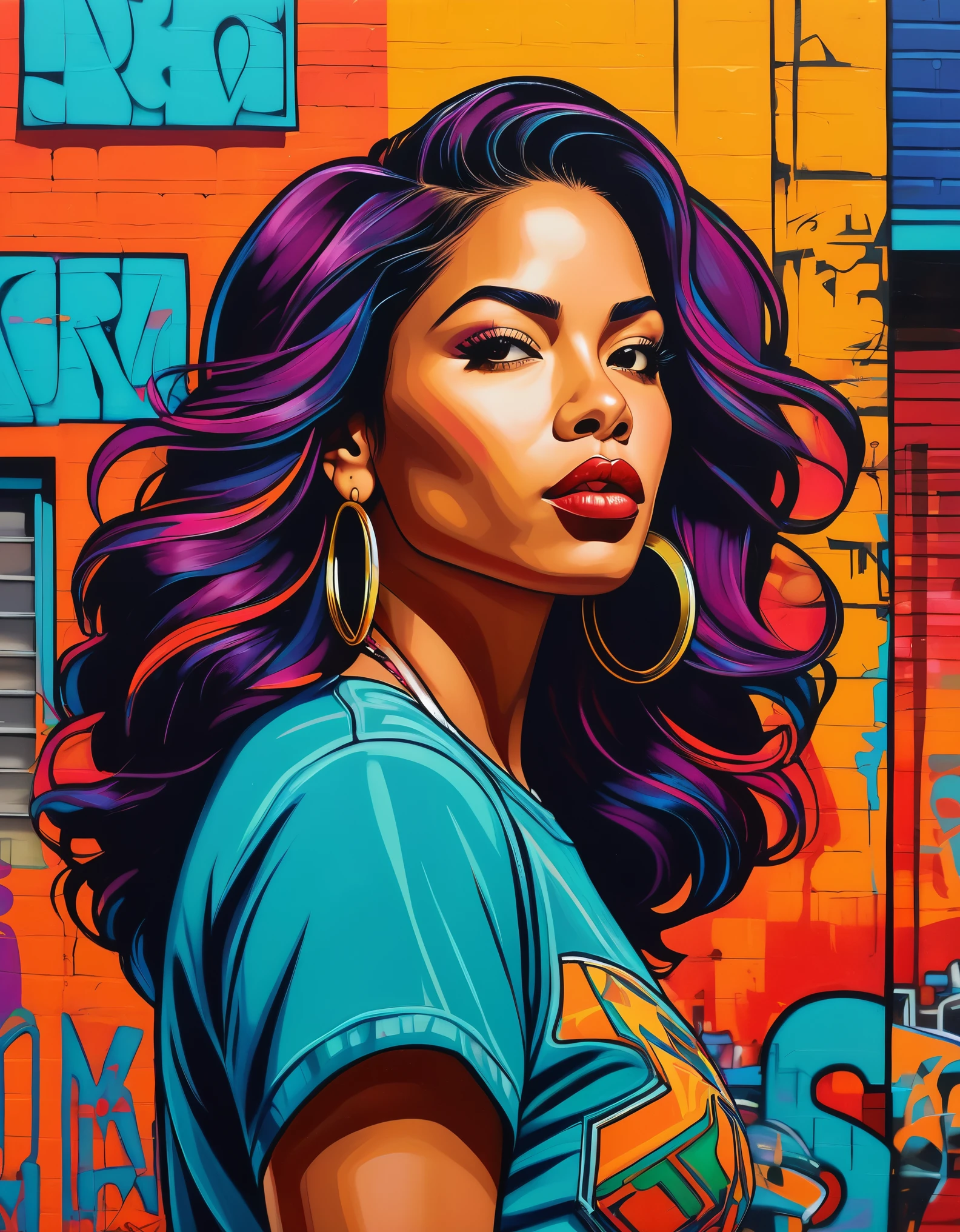 A proud Latina heroine, with bold features and vibrant colors that pop against a backdrop of urban graffiti. Rendered in the style of Chicano art, with bold lines and dynamic composition that captures the spirit of street culture.