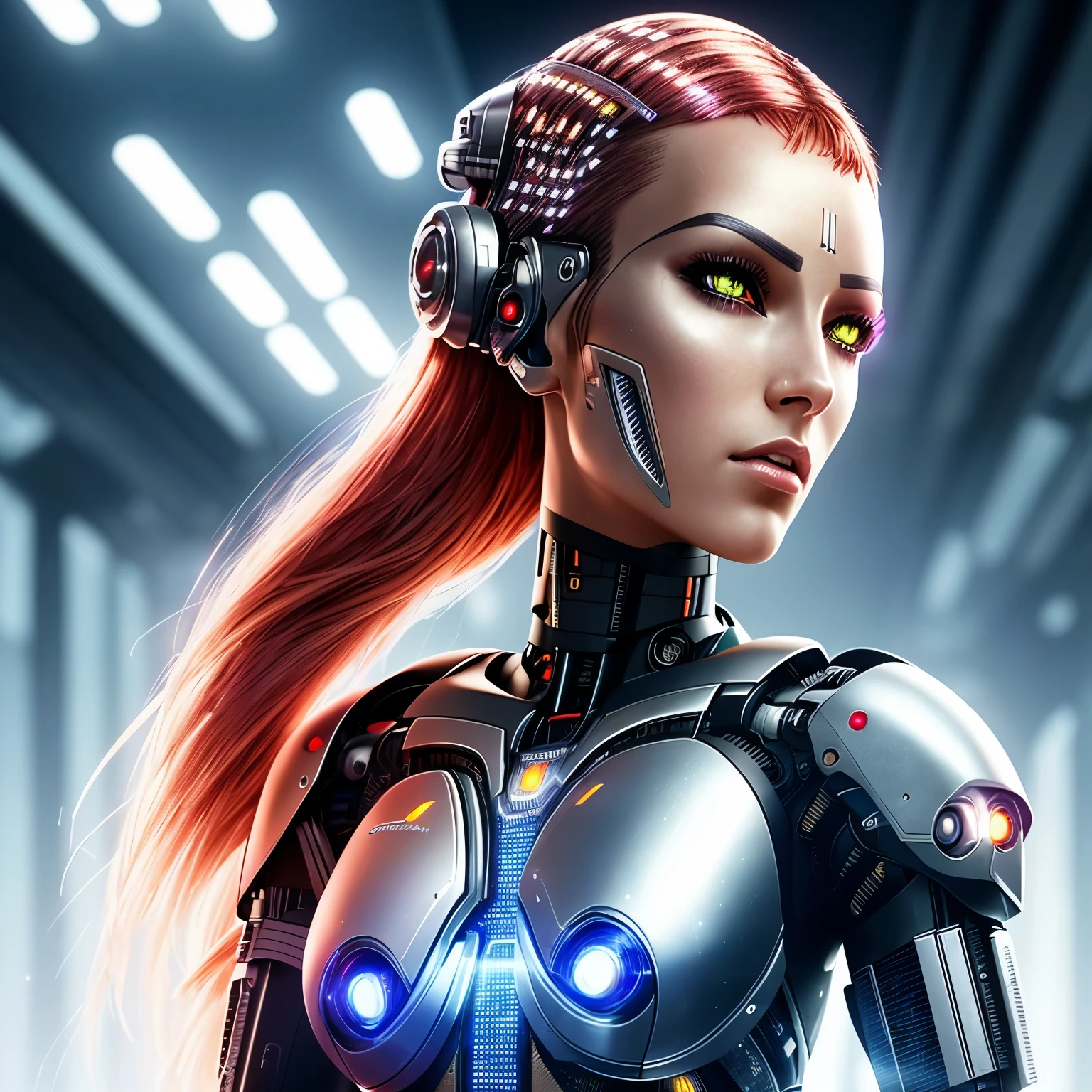 CyberRealistic: a captivating image of a futuristic female character, (cyborg:1.5), sleek metallic body, (detailed circuitry:1.3), intricately designed features, glowing neon accents, HDR, dramatically lit, cinematic perspective, sharp focusing on her expressive cybernetic eyes, flawless computerized skin texture, realistic yet stylized, Ultra-High Definition.