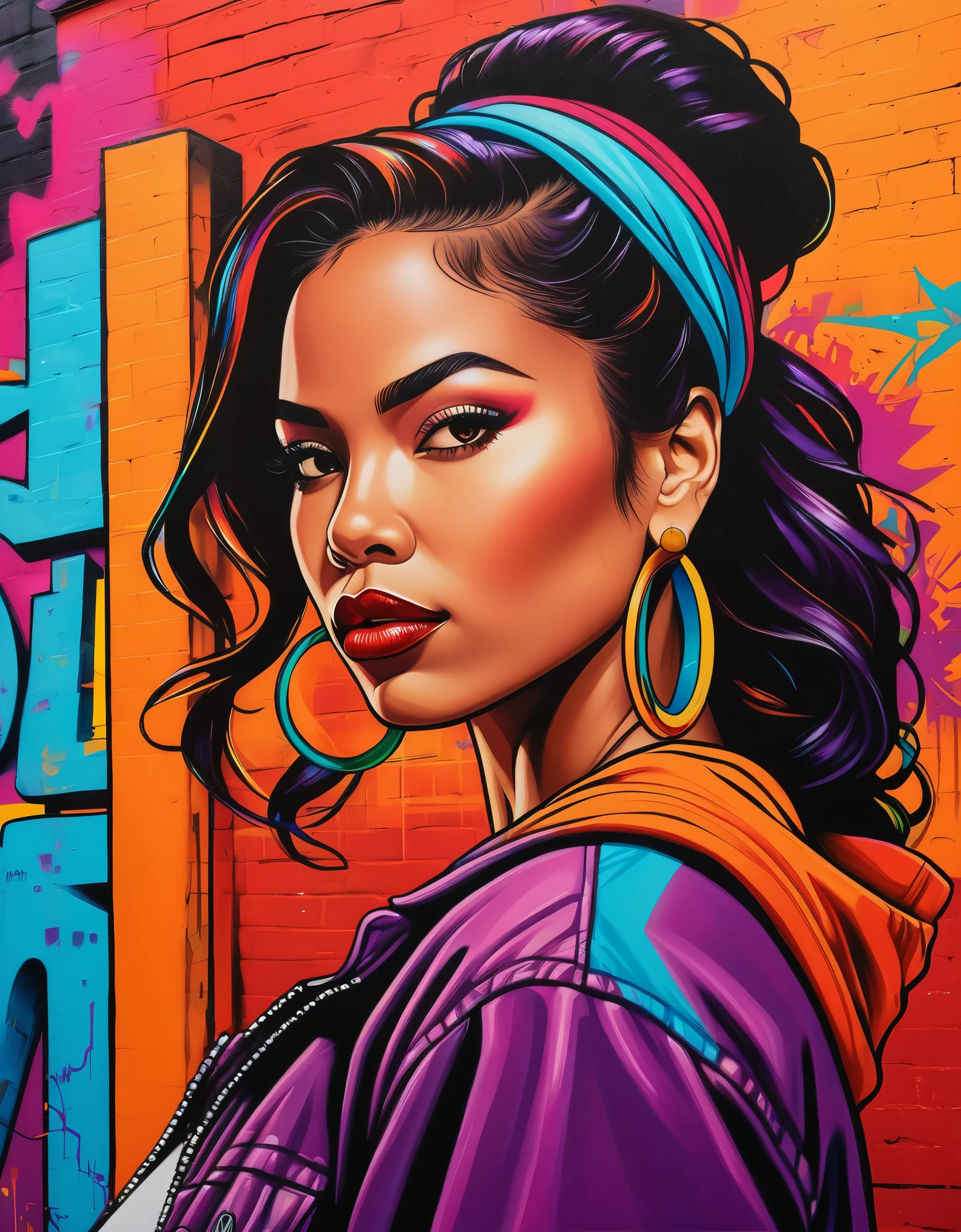 A proud Latina heroine, with bold features and vibrant colors that pop against a backdrop of urban graffiti. Rendered in the style of Chicano art, with bold lines and dynamic composition that captures the spirit of street culture.