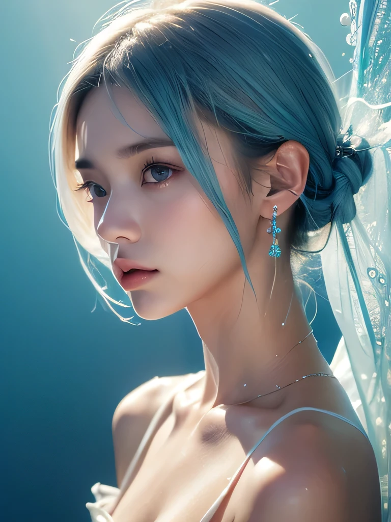 (masterpiece, highest quality:1.2), 8K, 85mm, Raw photo, confused, white and cyan theme, (liquid clothes, liquid dress:1.4), gray hair, gradient dress, delicate girl, Upper body, close your face, shiny skin, teen, looking at the viewer, HDR, sharp focus, particle, dusk sky, shiny skin, small eyes and face, colorful background, simple background、earrings、necklace、clavicle、shortcut、sky blue hair、underwater world、